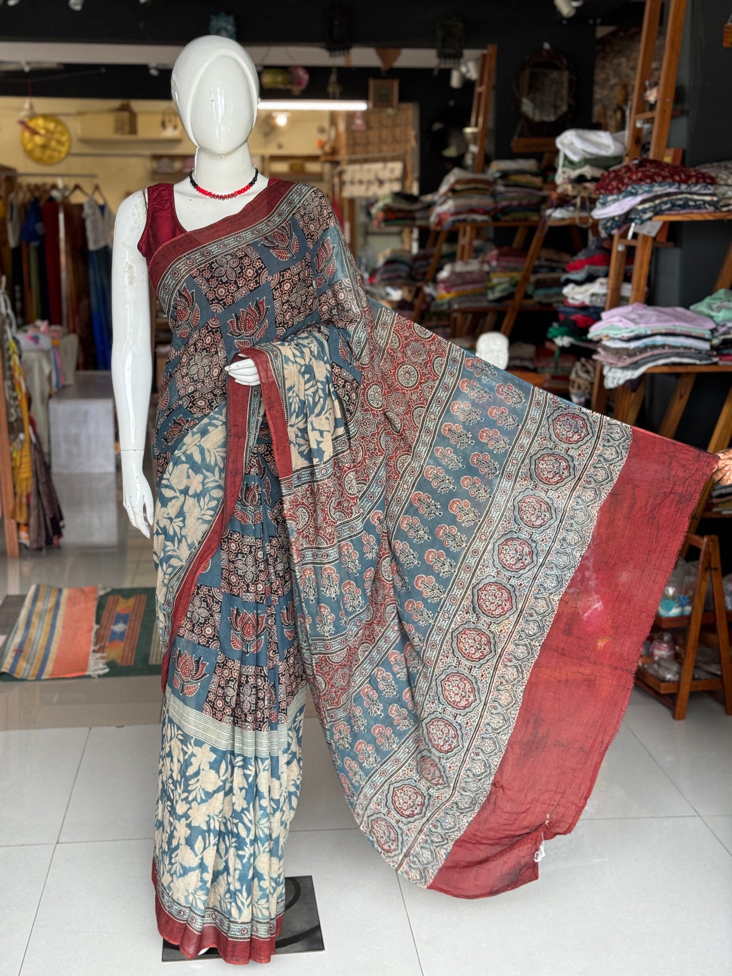 Indigo floral design Ajrakh hand block printed soft mul cotton saree