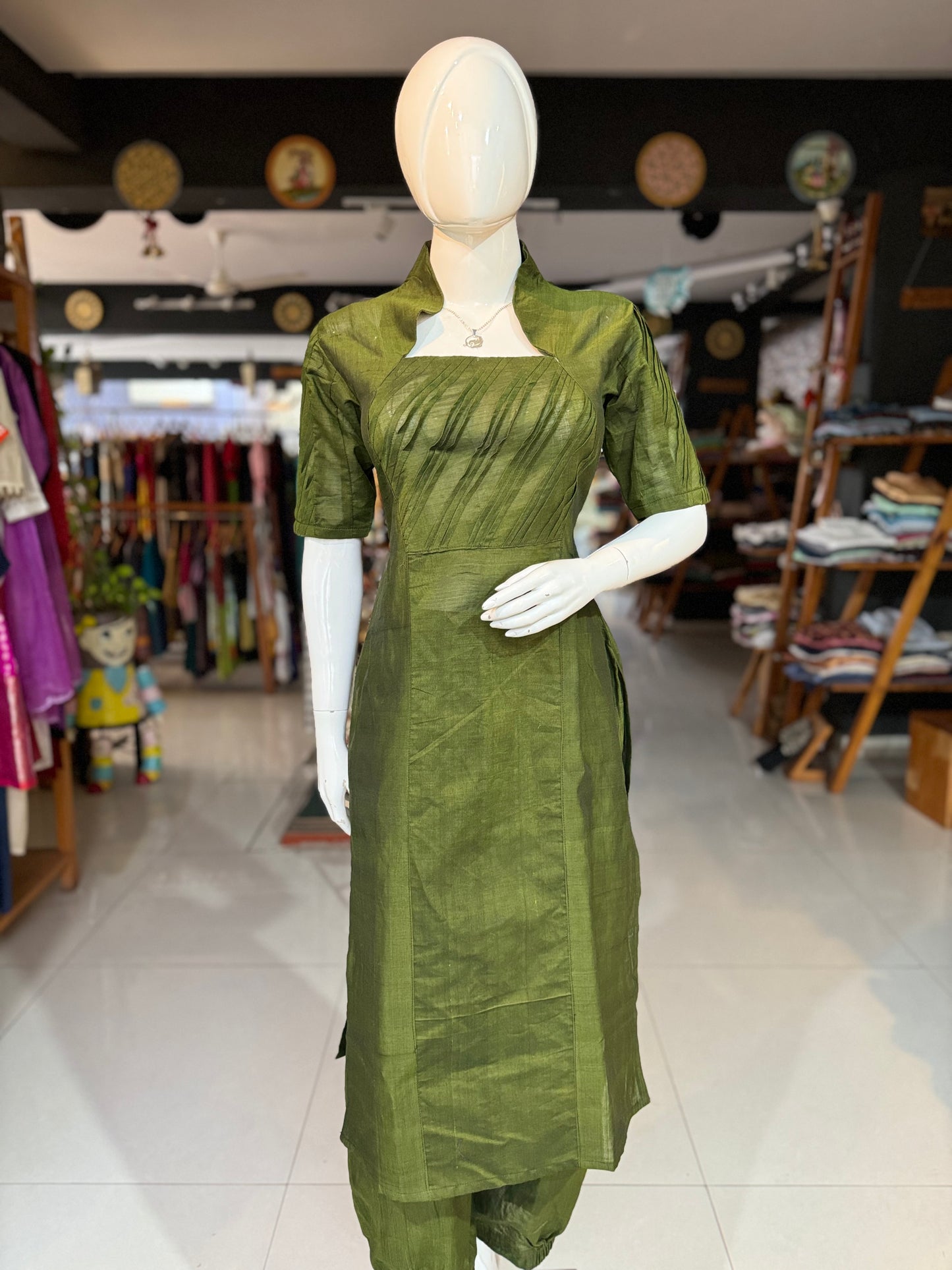 Dark green handloom cotton pintucks kurta and pleated harem style pants coord set