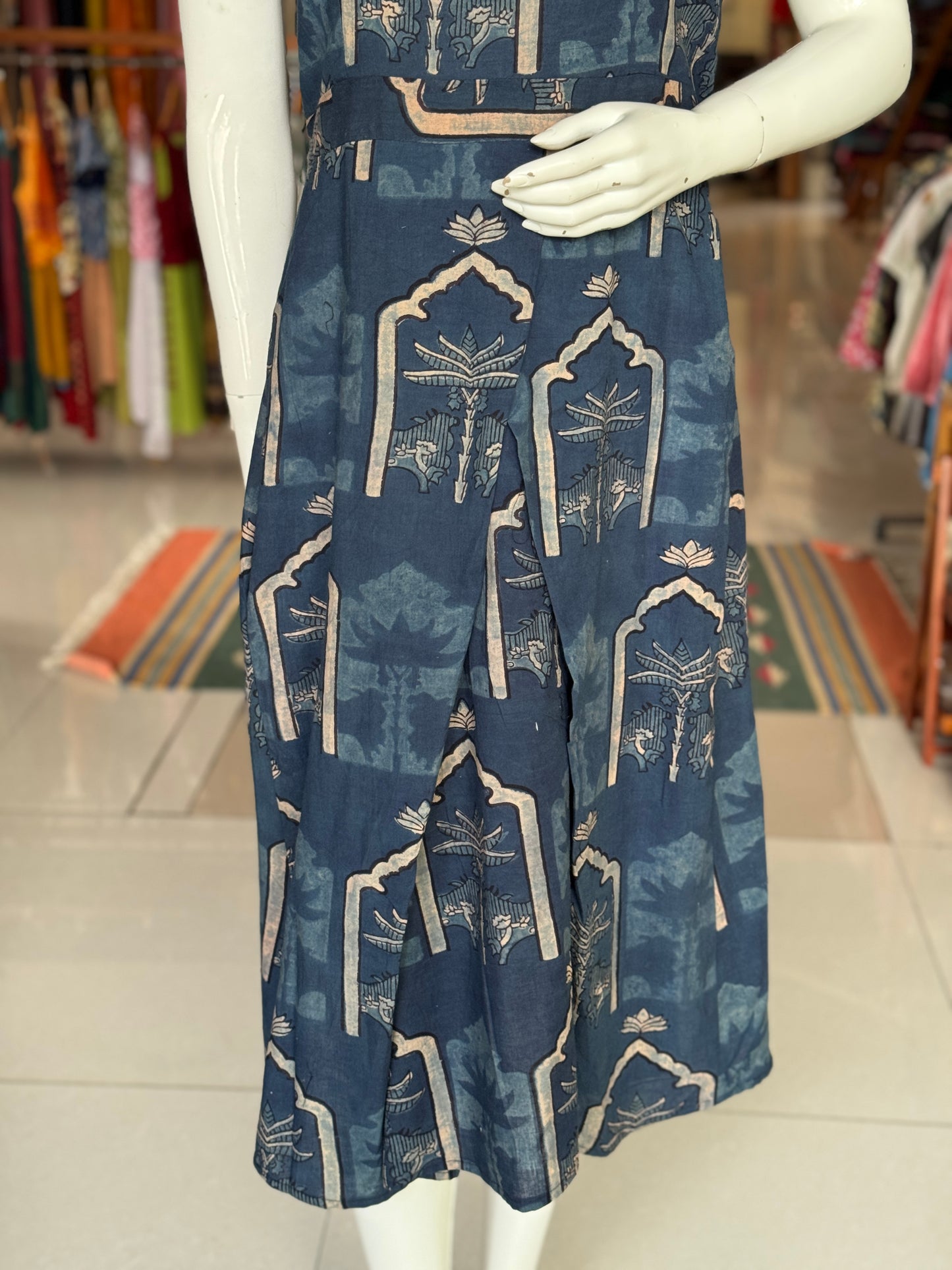 Ajrakh indigo dress - cotton, natural dyed, hand block printed with cross pleat skirt