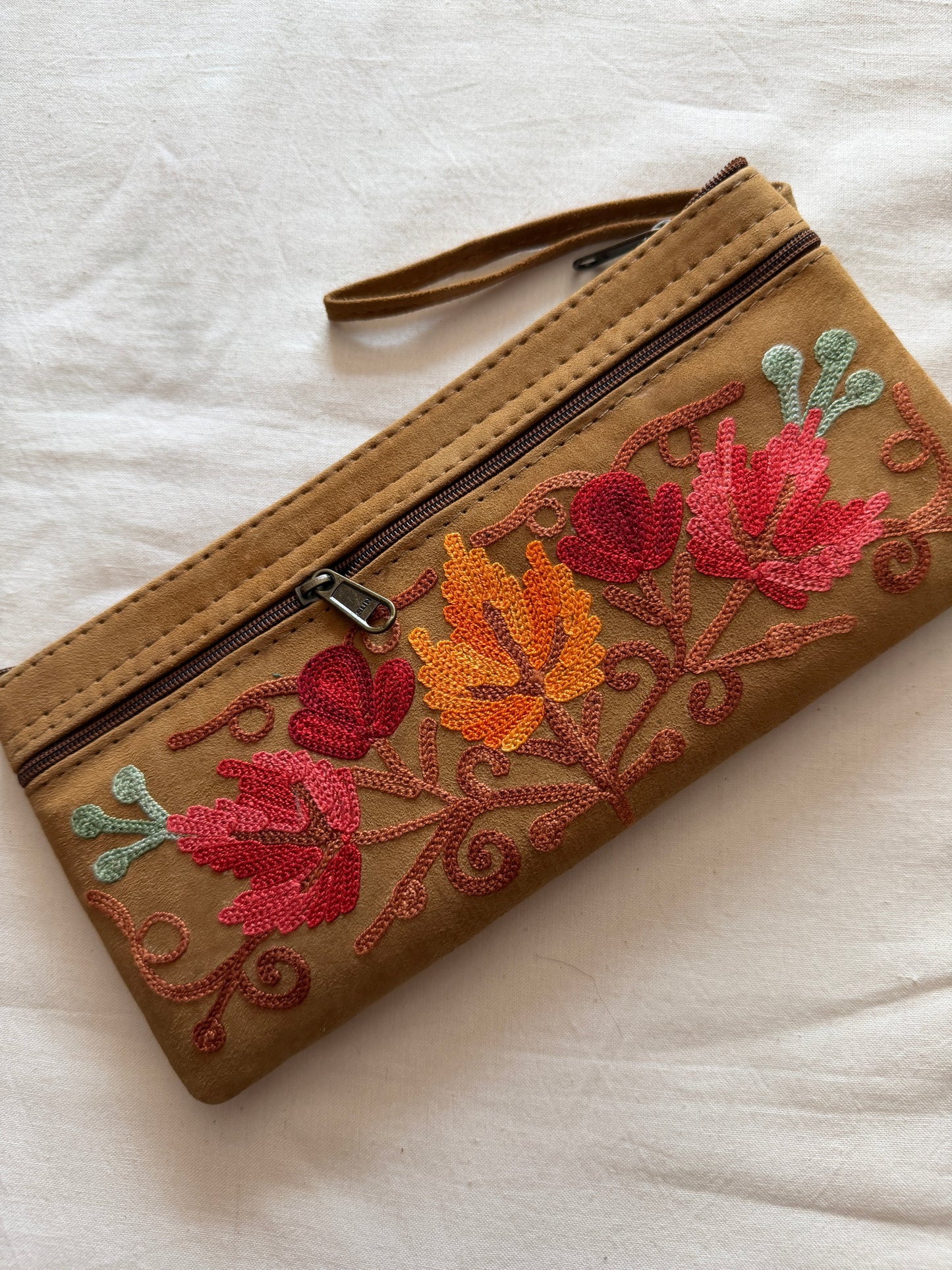Wristlet pouch with Kashmiri floral Aari embroidery - 3 zippers - color options available