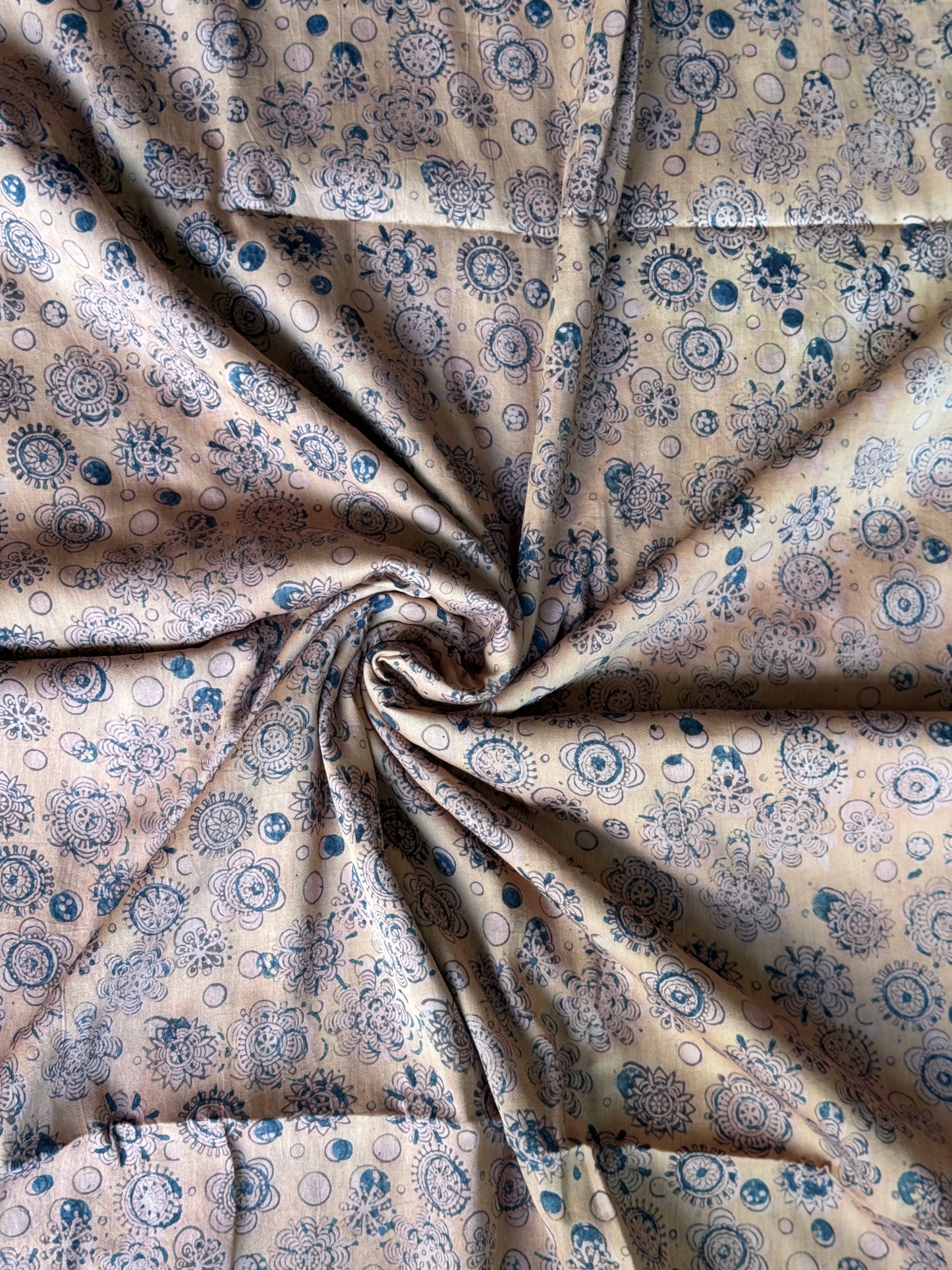 Blue flowers n circles pattern hand block printed natural dyed Kalamkari satin cotton fabric