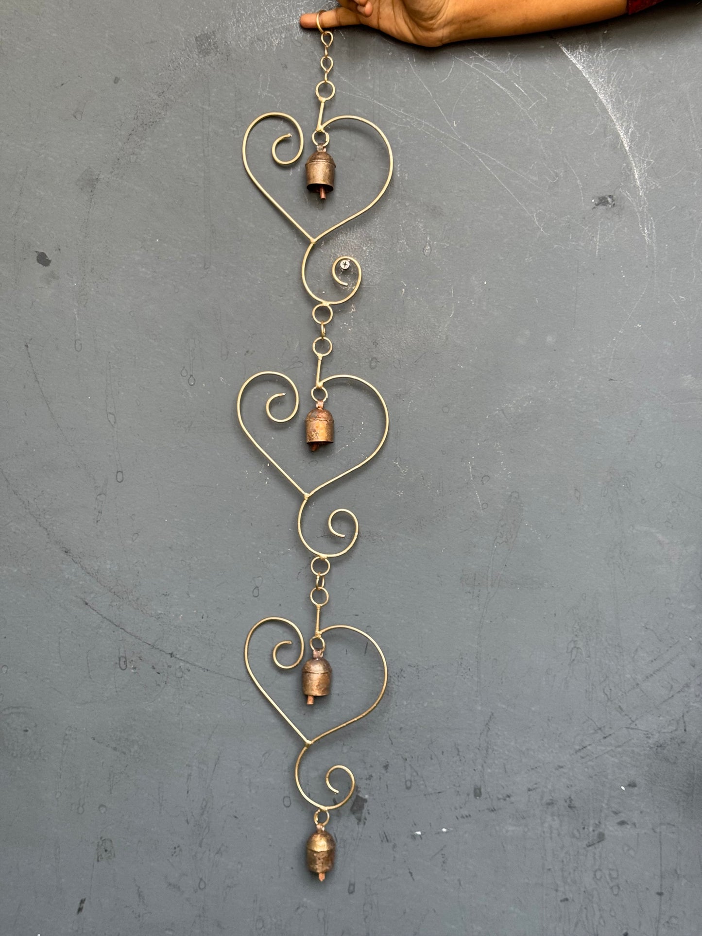 3 hearts  - copper handcrafted 4 bells hanging