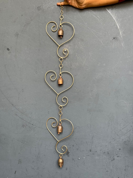 3 hearts  - copper handcrafted 4 bells hanging