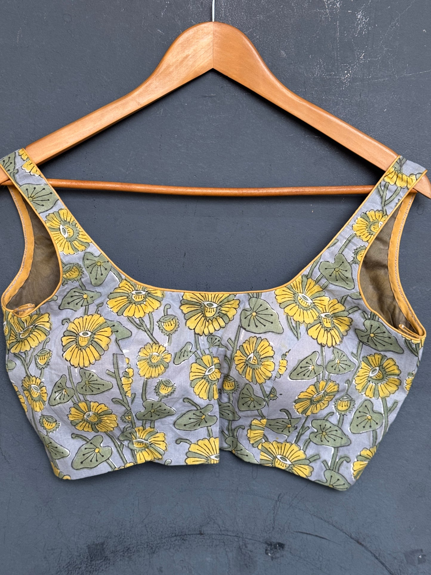 Floral hand block printed cotton sleeveless blouse with narrow back