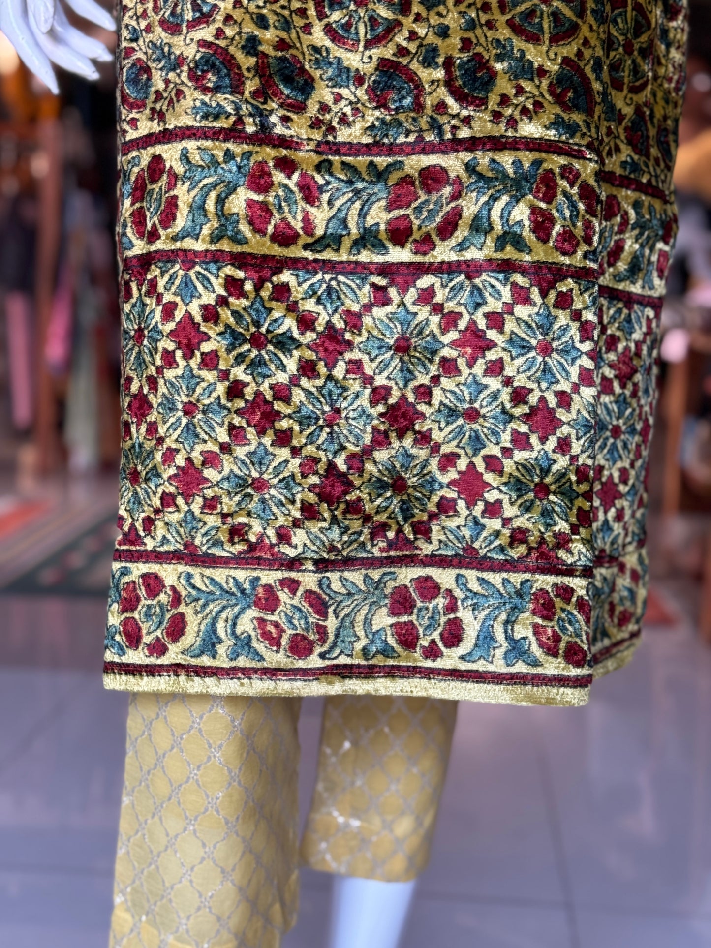 Yellow silk cotton with silver Zari design straight pants with lining