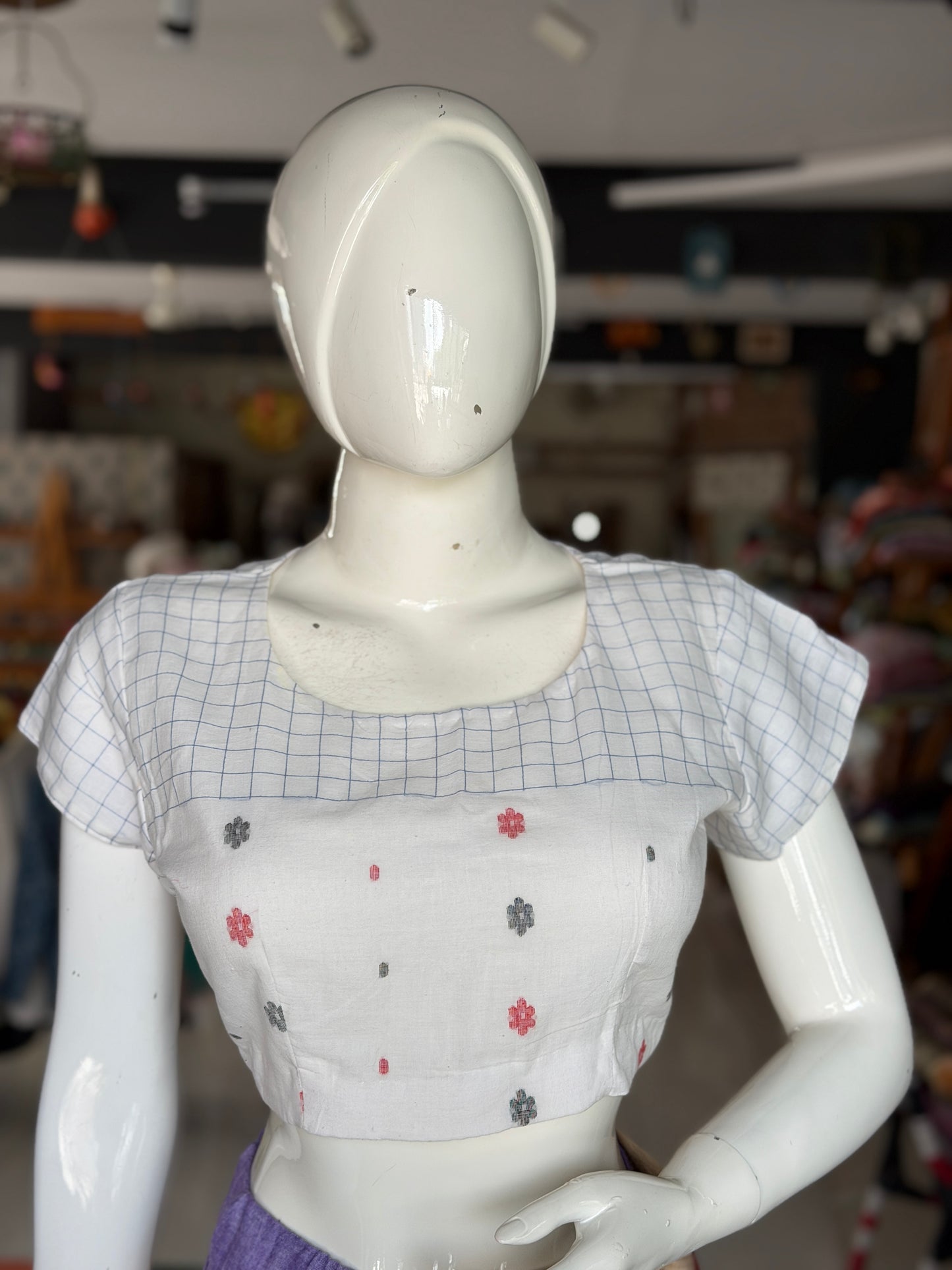 White n blue checks hand woven cotton Jamdani blouse with short sleeves