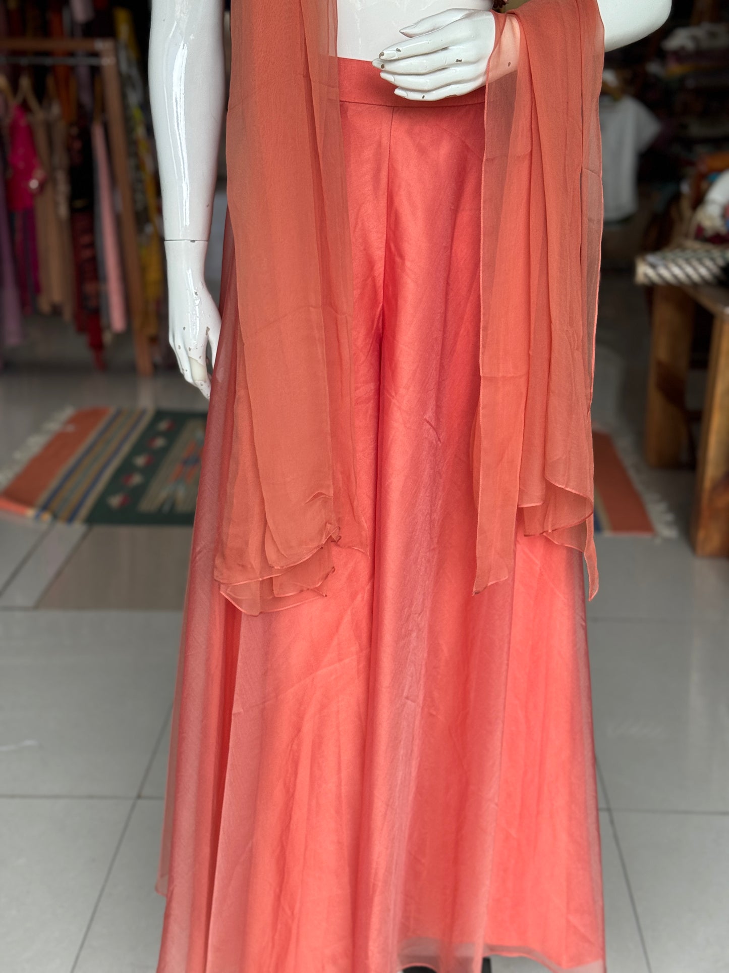 Rust orange hand embroidered georgette blouse top, organza plazo and georgette dupatta - 3 piece set