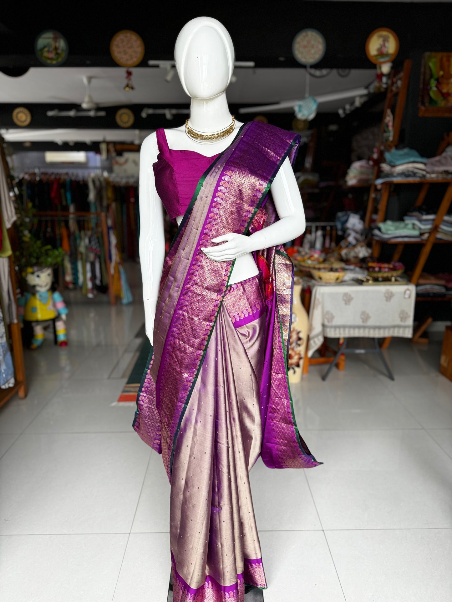 Purple and gold dual tone pure silk twill weave handwoven Gadwal saree with green selvedge