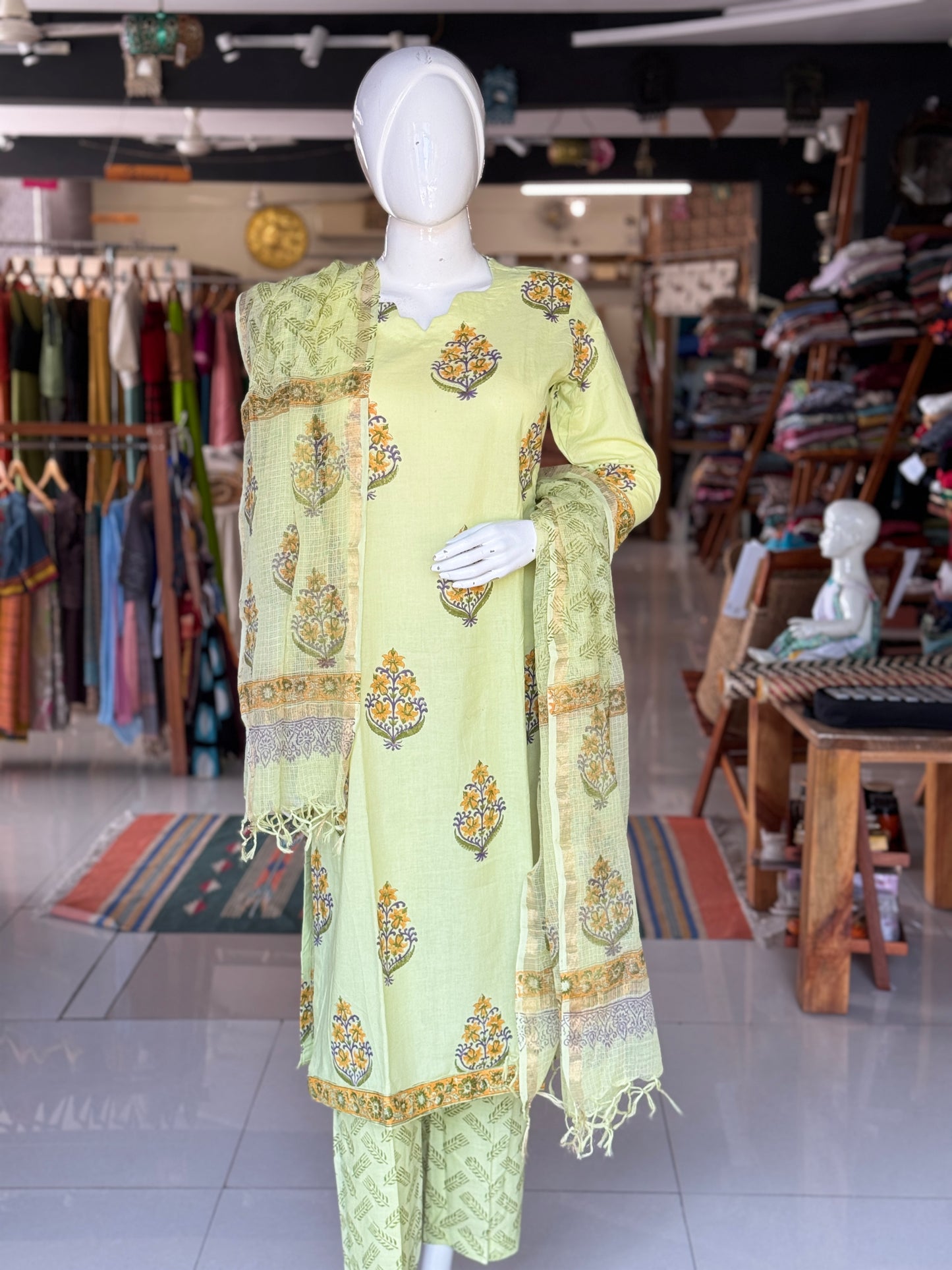Light green hand block printed cotton 3 piece suit set with kota doria dupatta