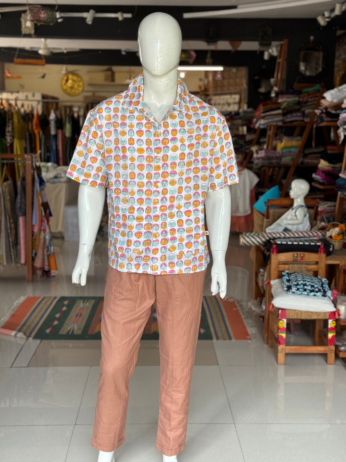 Colorful faces print half sleeves mens hand block printed band collared cotton shirt - vacation vibes