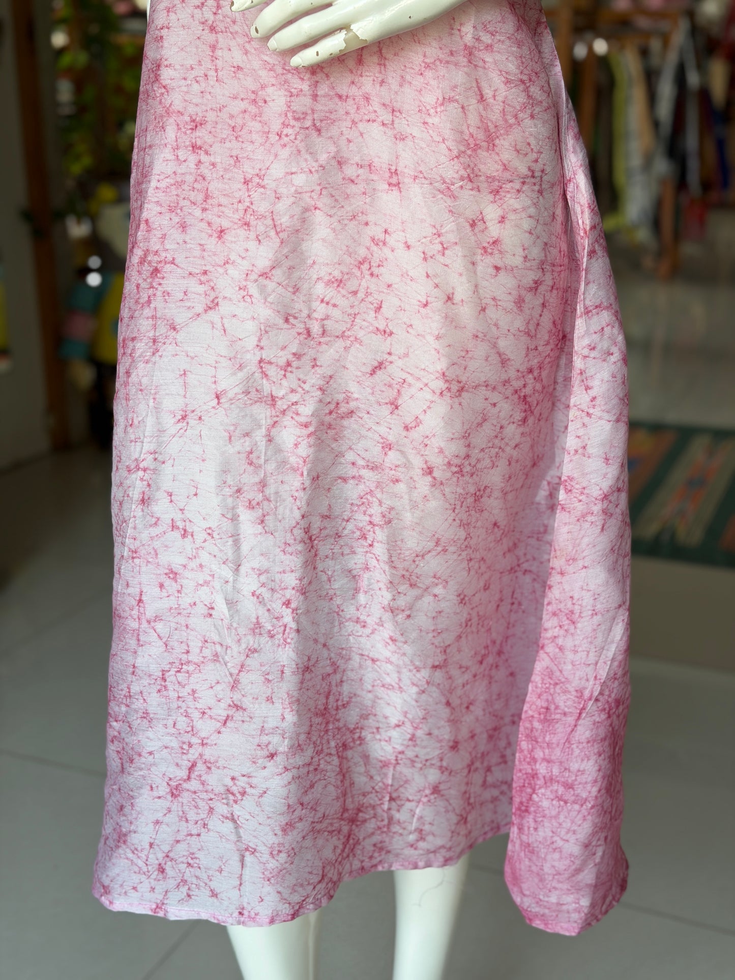 Pink batik dress with square neckline and gathered bust