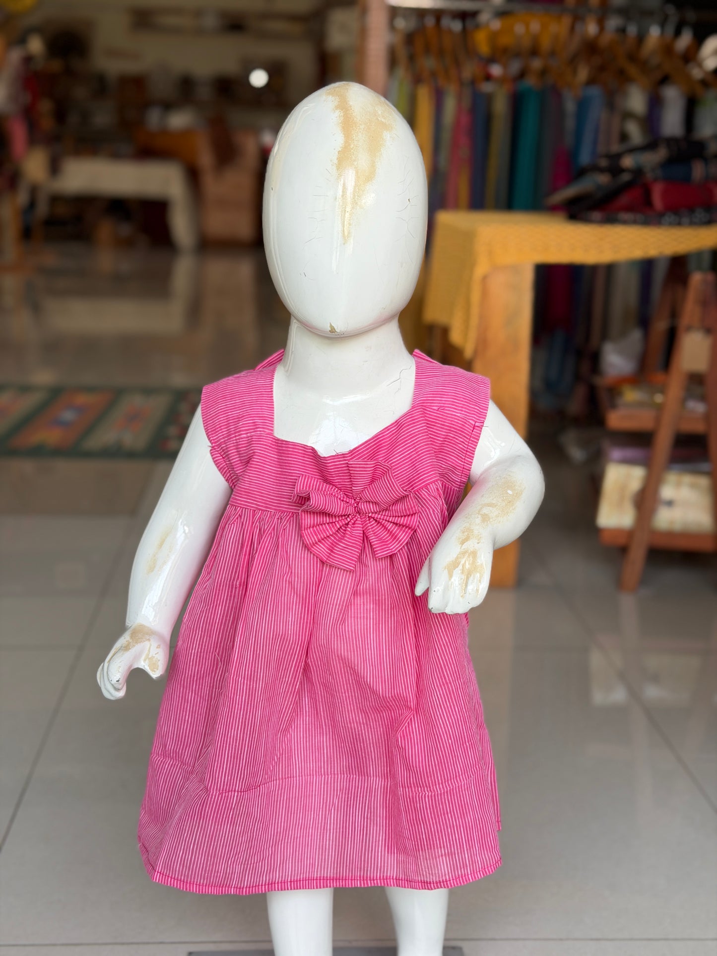 Pink stripes handloom cotton frock for little girls