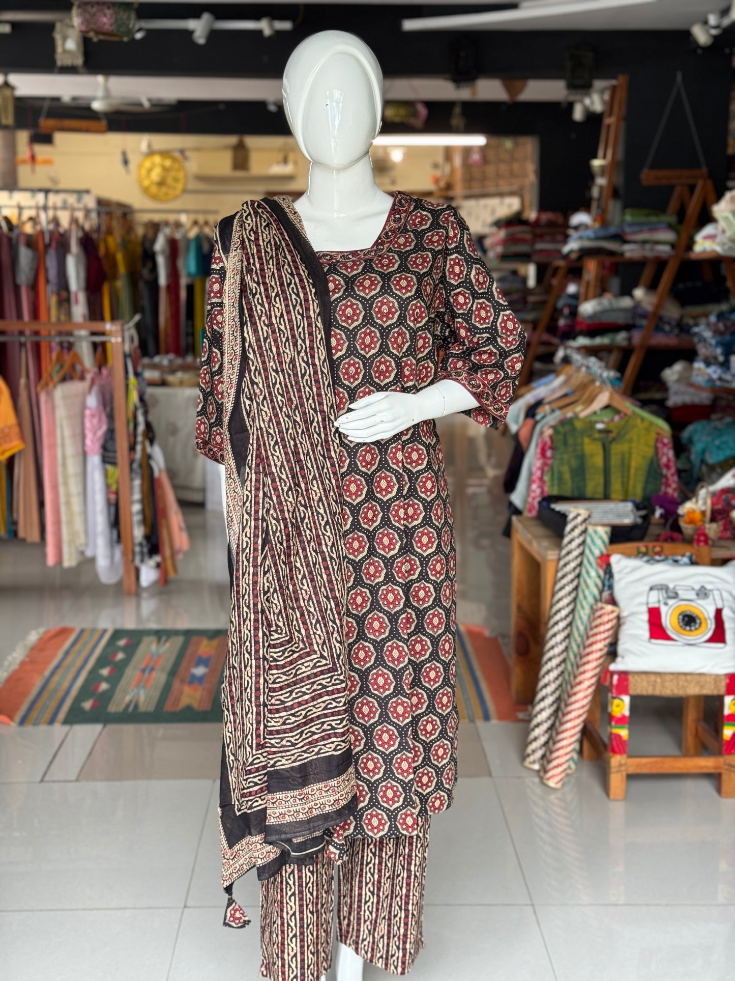 Plus size (4xl and above) cotton embroidered straight kurti, pants and dupatta - 3 piece suit set - multiple colors available