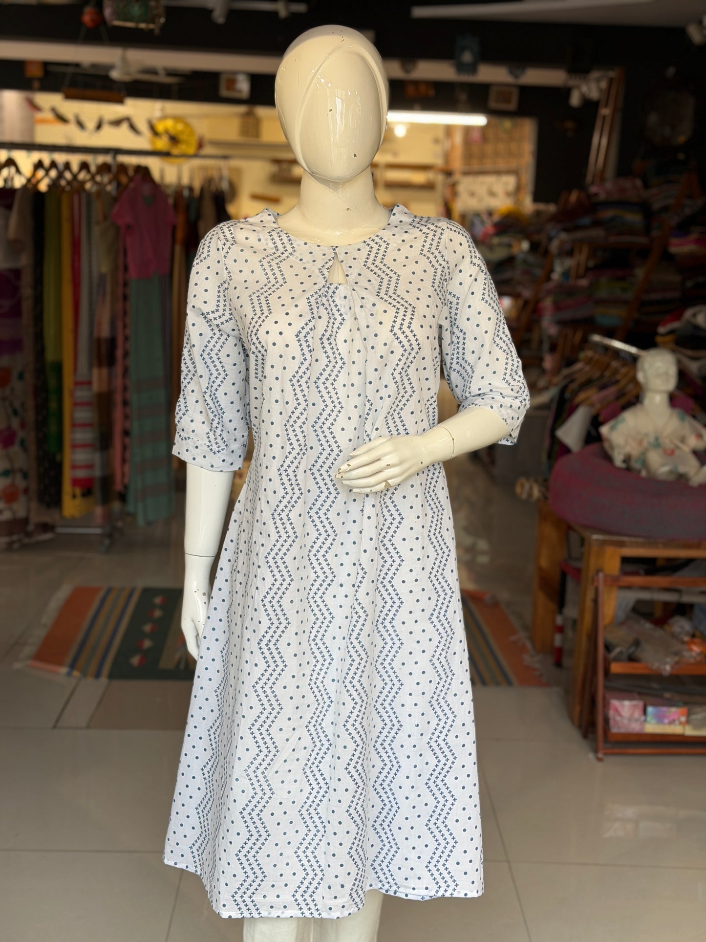 White with blue dots and flowers natural dye print cotton dress / a-line Kurti