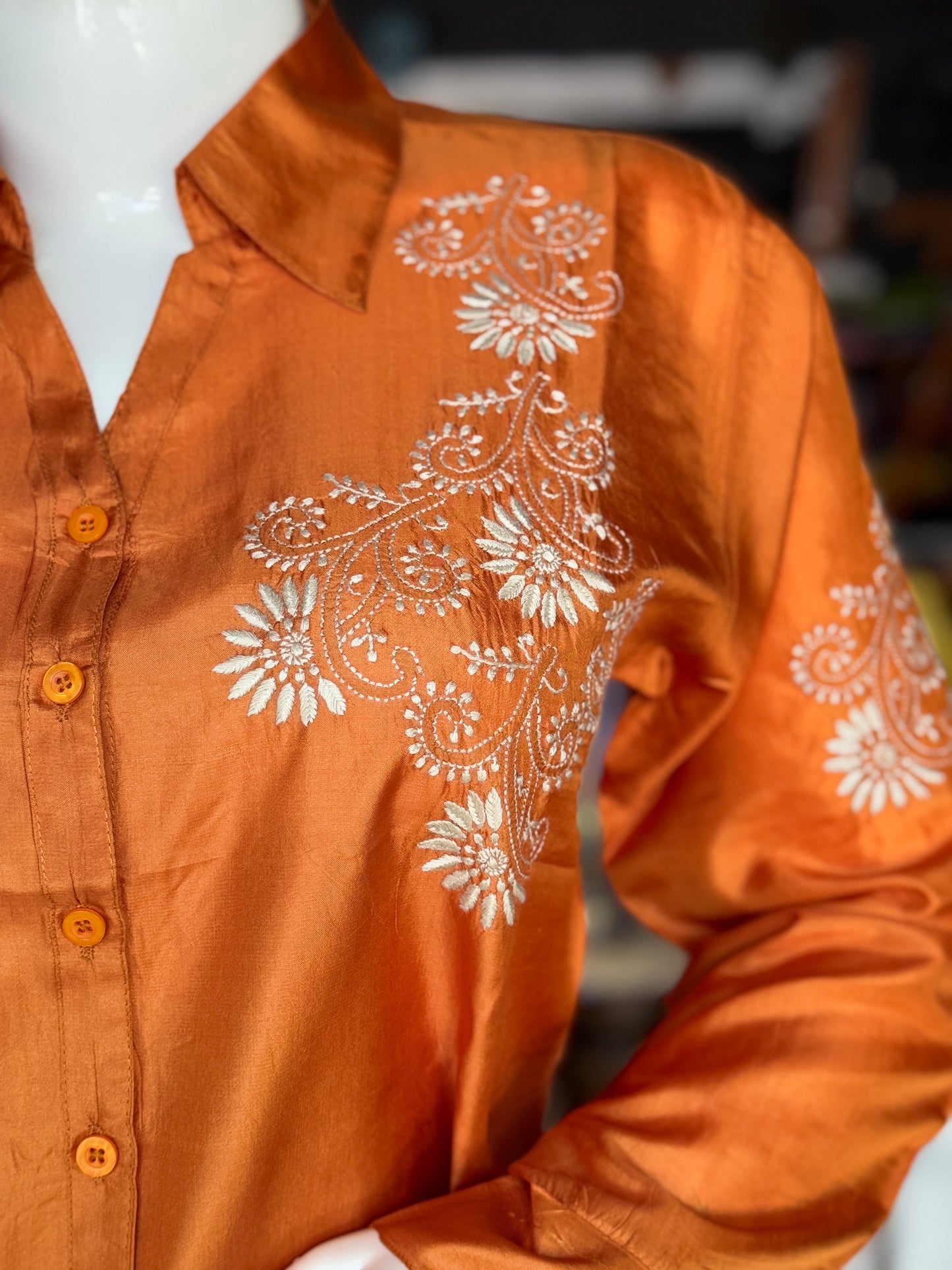 Burnt orange tone fine tussar silk Chikankari hand embroidered shirt for women