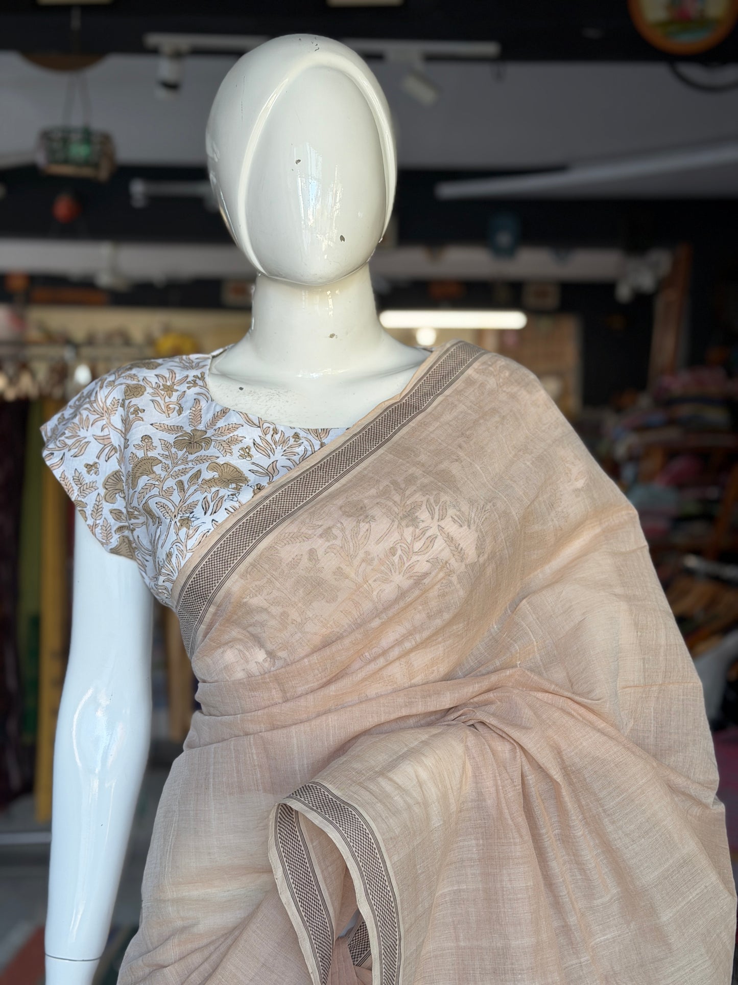 White and brown hand block printed cotton short top / blouse