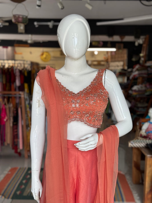 Rust orange hand embroidered georgette blouse top, organza plazo and georgette dupatta - 3 piece set