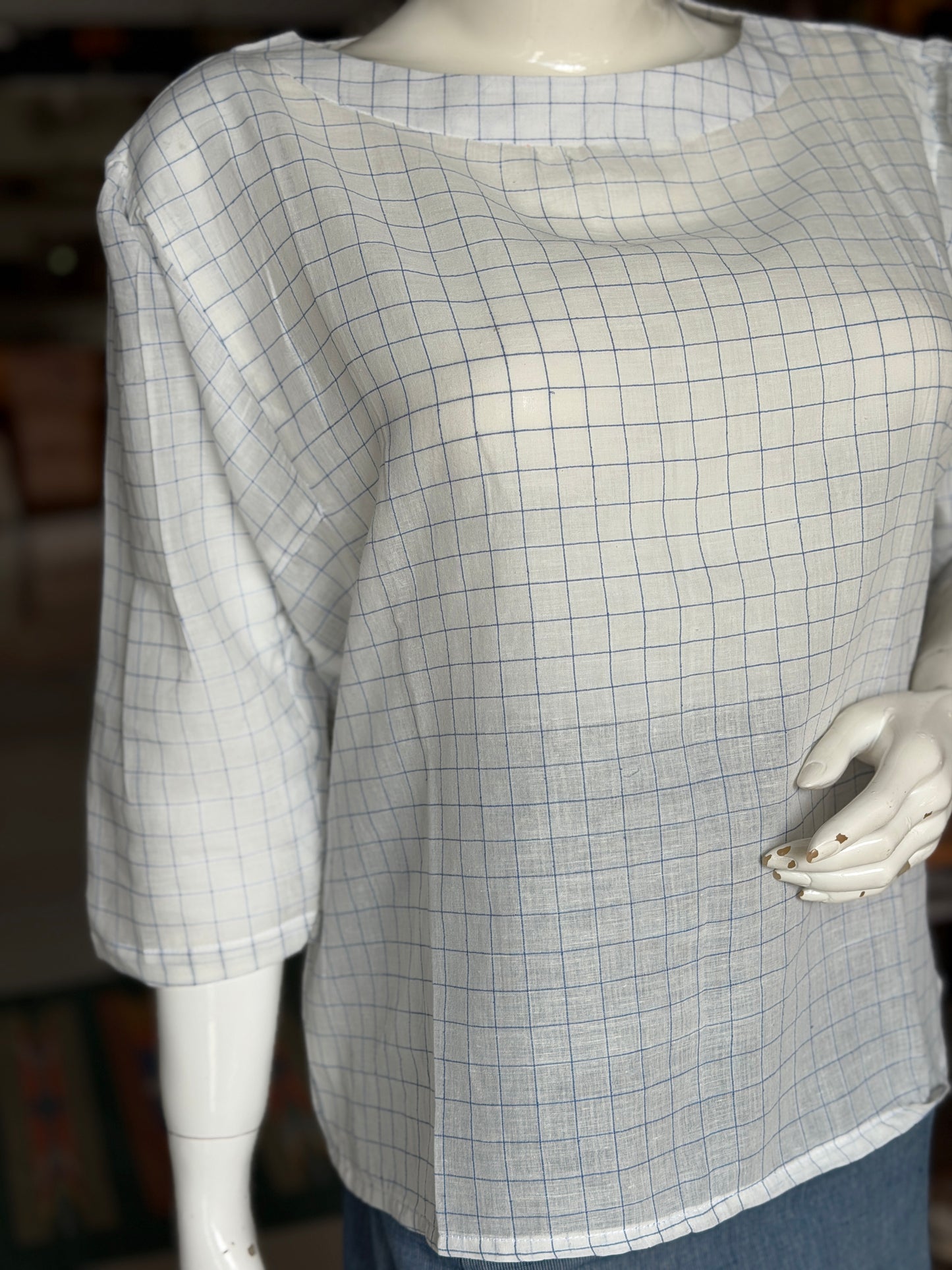 White and blue checks soft cotton handloom top with squarish arm hole