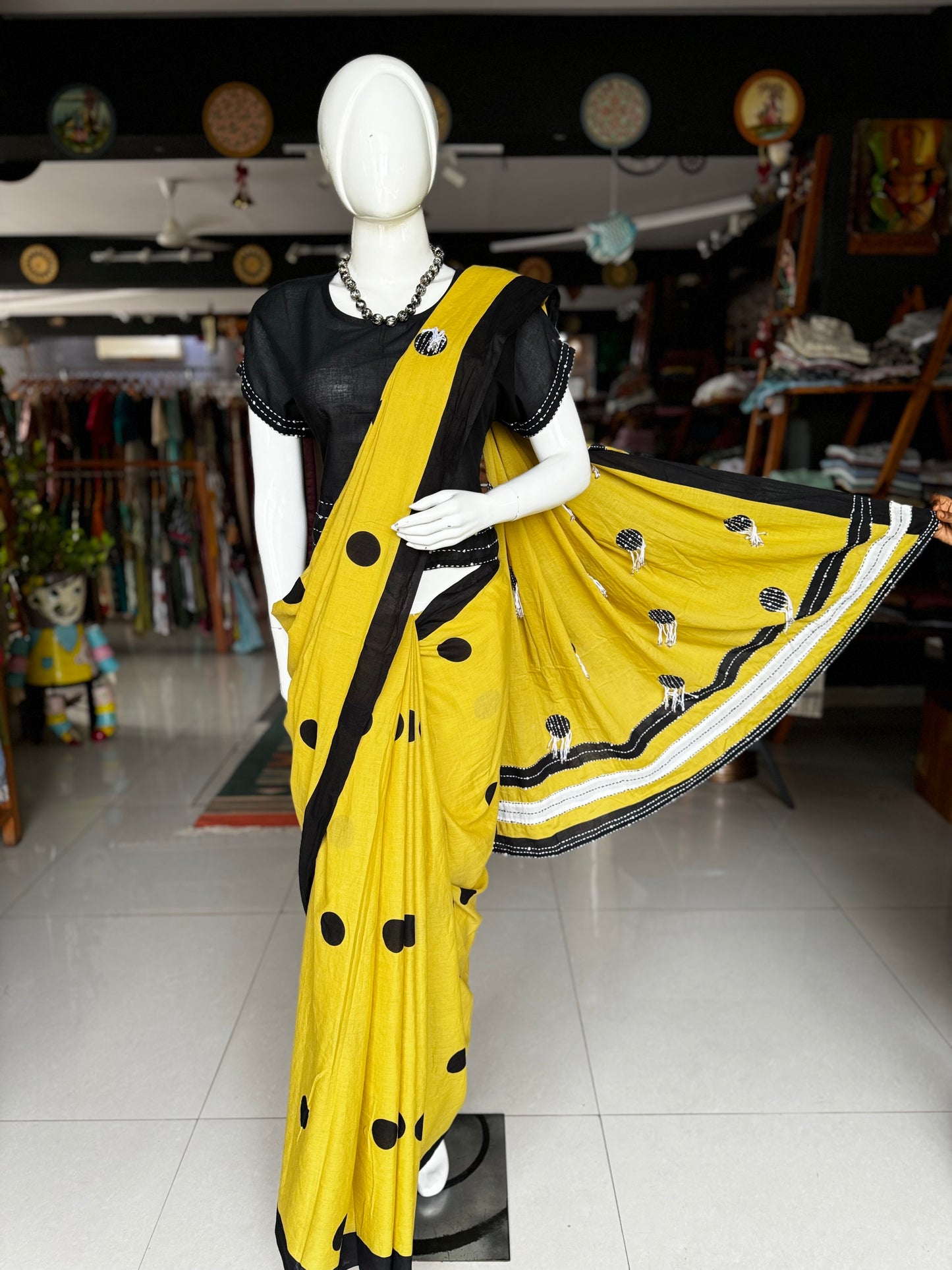 Yellow hand embroidered designer soft cotton saree