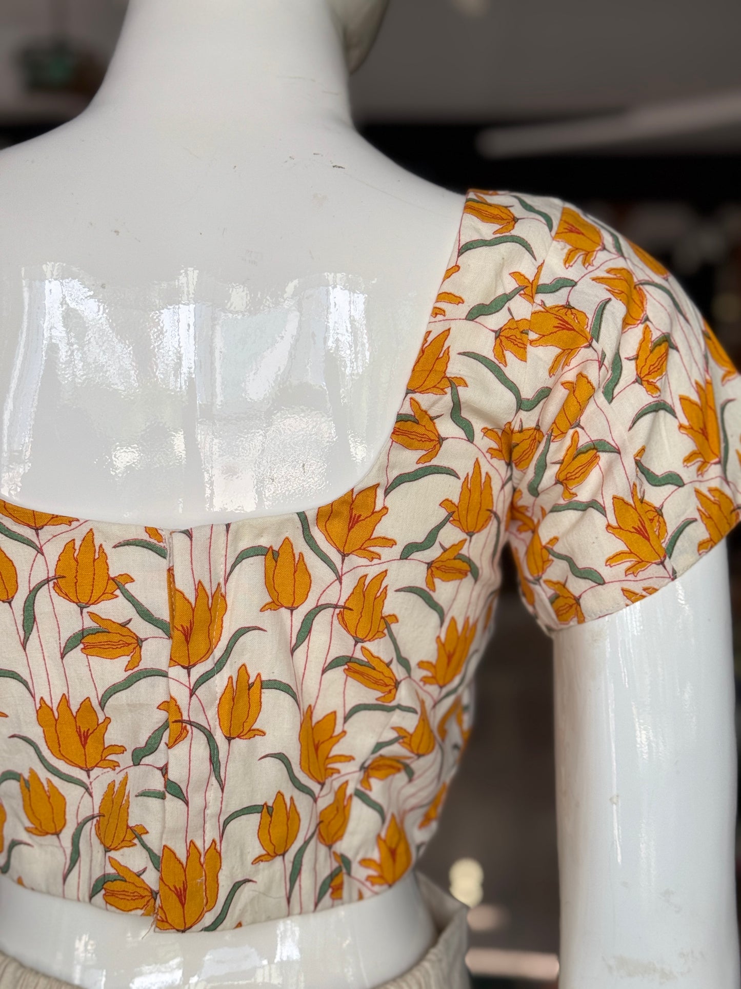 Mustard floral handwoven cotton short sleeves blouse