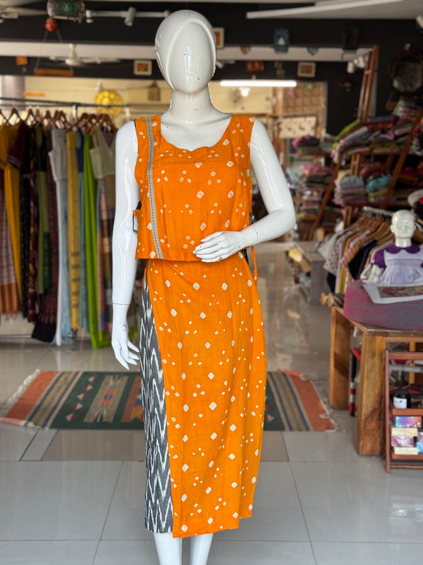 4 way handcrafted cotton coord set - free sized side ties crop top and calf length wrap around skirt