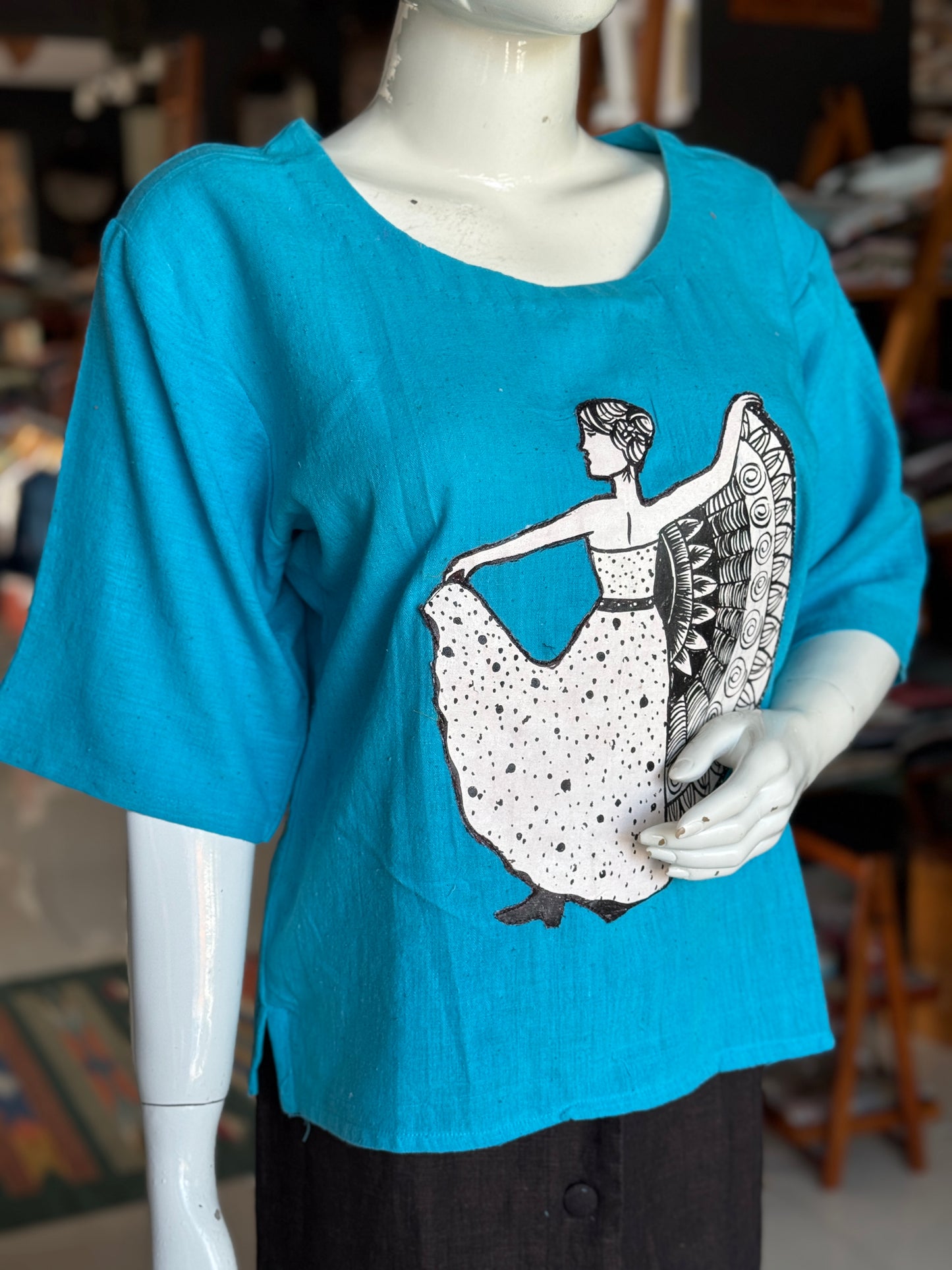 Blue kala cotton handloom cotton top with hand painted dancing lady