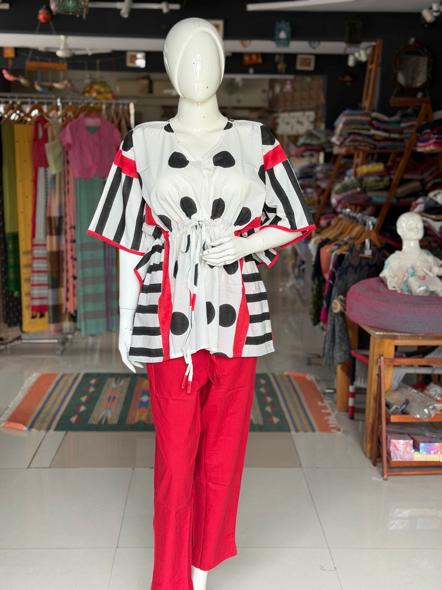 White and red Kaftan top in cotton hand block prints and plain cotton pants - 2 piece set