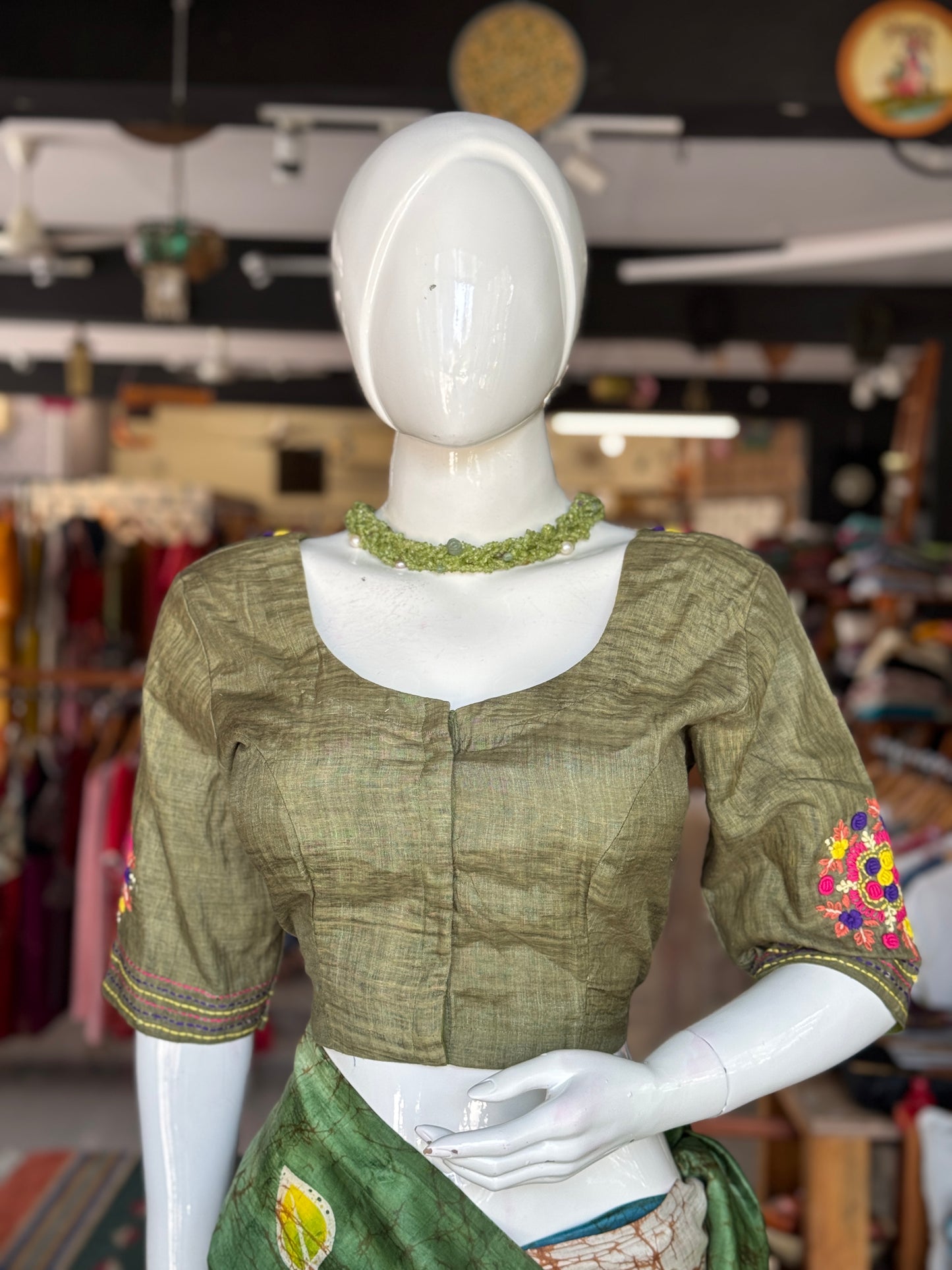 Green floral hand kantha embroidered silk blouse