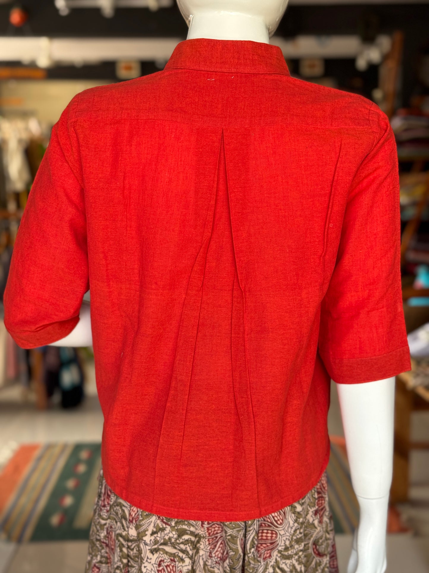 Orange plain cotton hand block printed high low cropped shirt