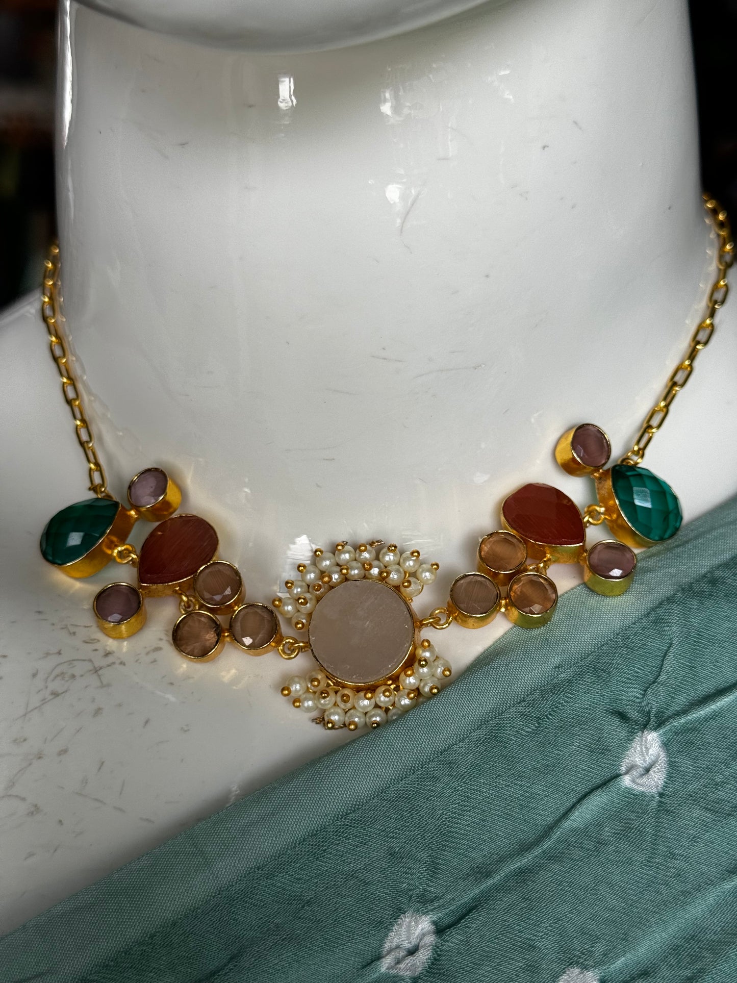 Pastel stones choker neckpiece with gold chain