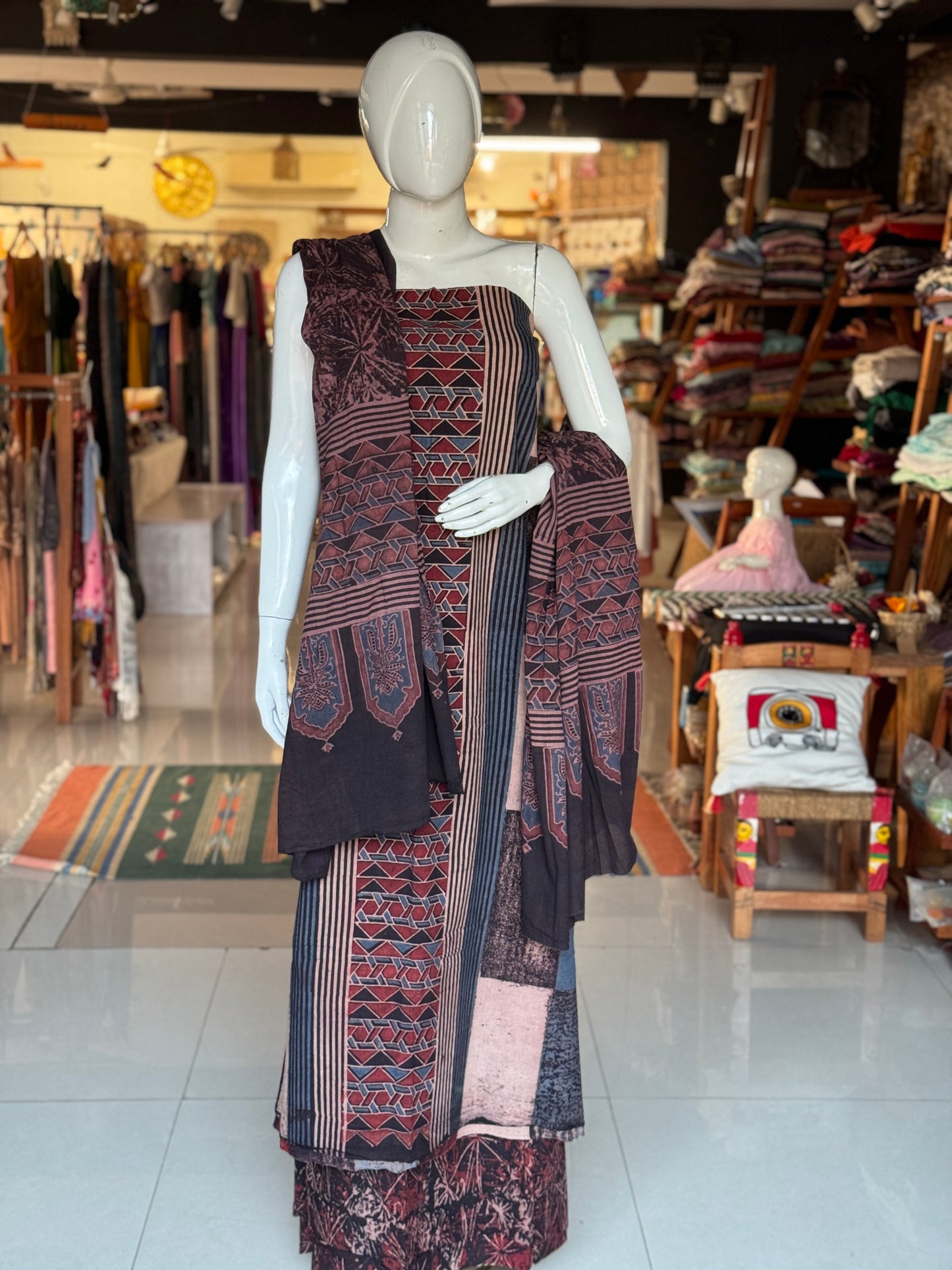 Ajrakh natural dyed, hand block printed cotton 3 piece unstitched suit set