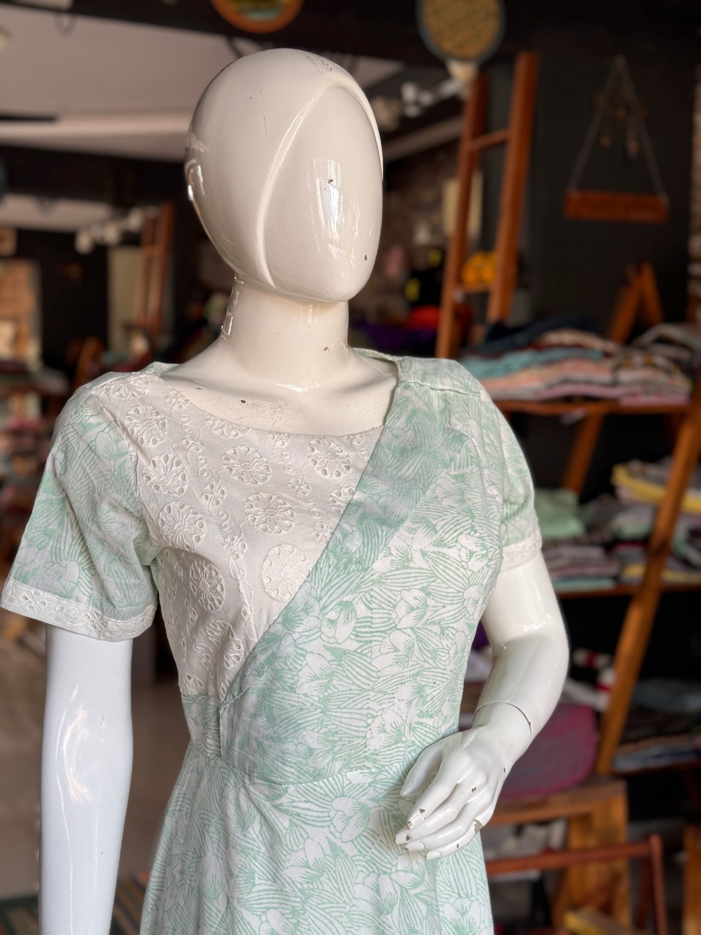 Light green floral hand block printed cotton dress with hakoba yoke
