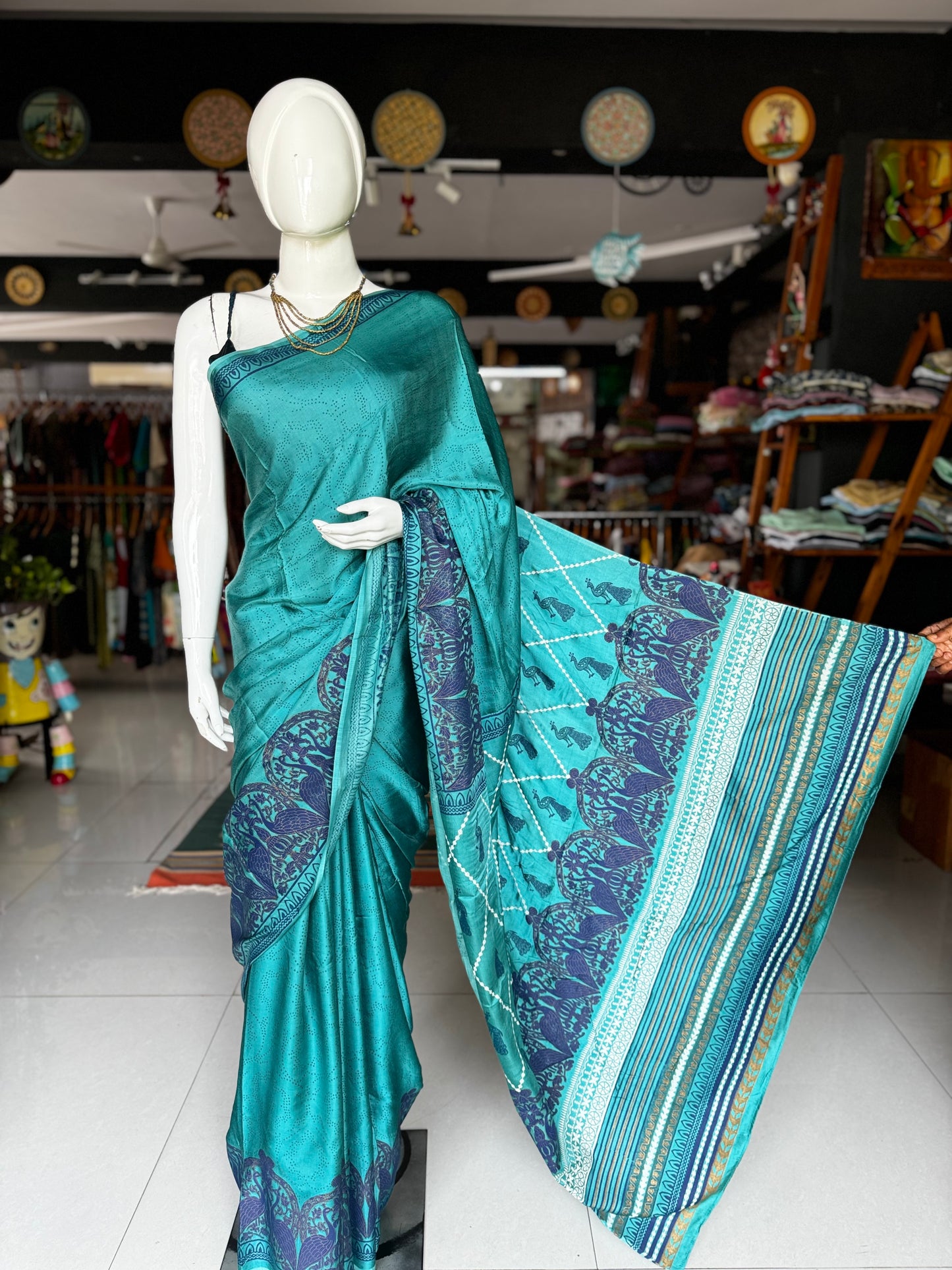 Turquoise hand block print designer modal saree