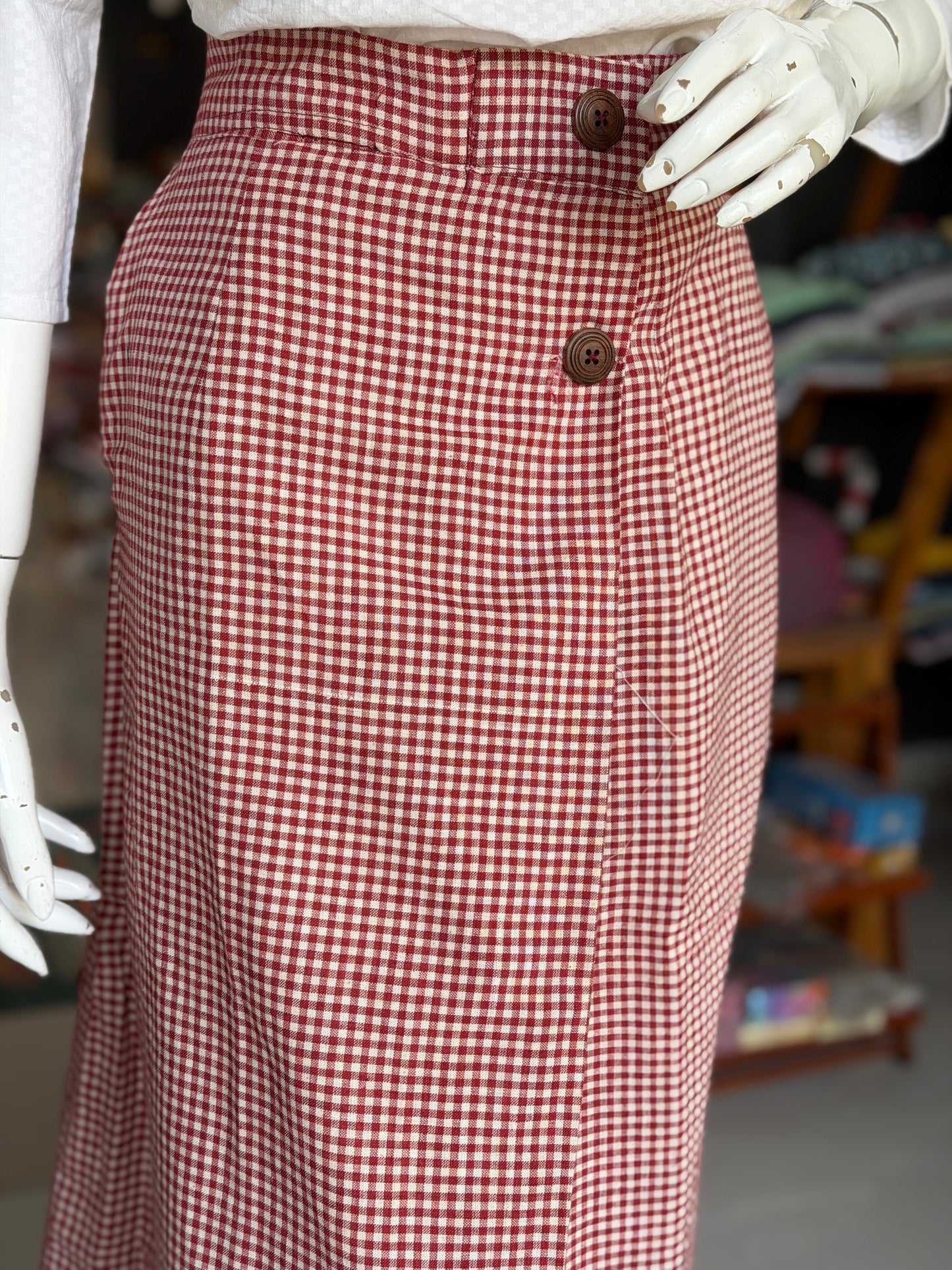 Red and white checks hand spun, hand woven, natural dyed cotton skirt