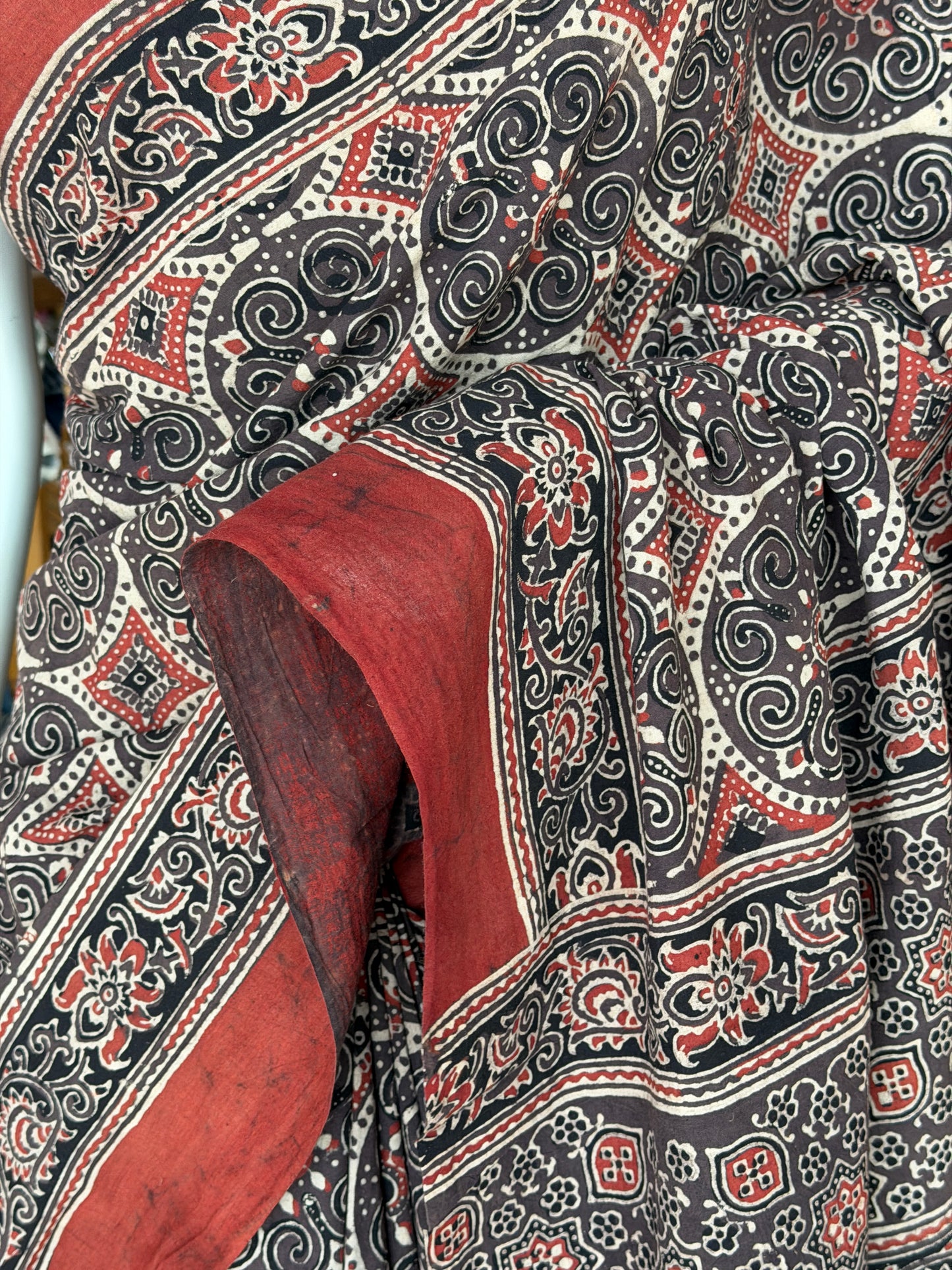 Rust brown and black circles Ajrakh hand block printed 60s cotton saree