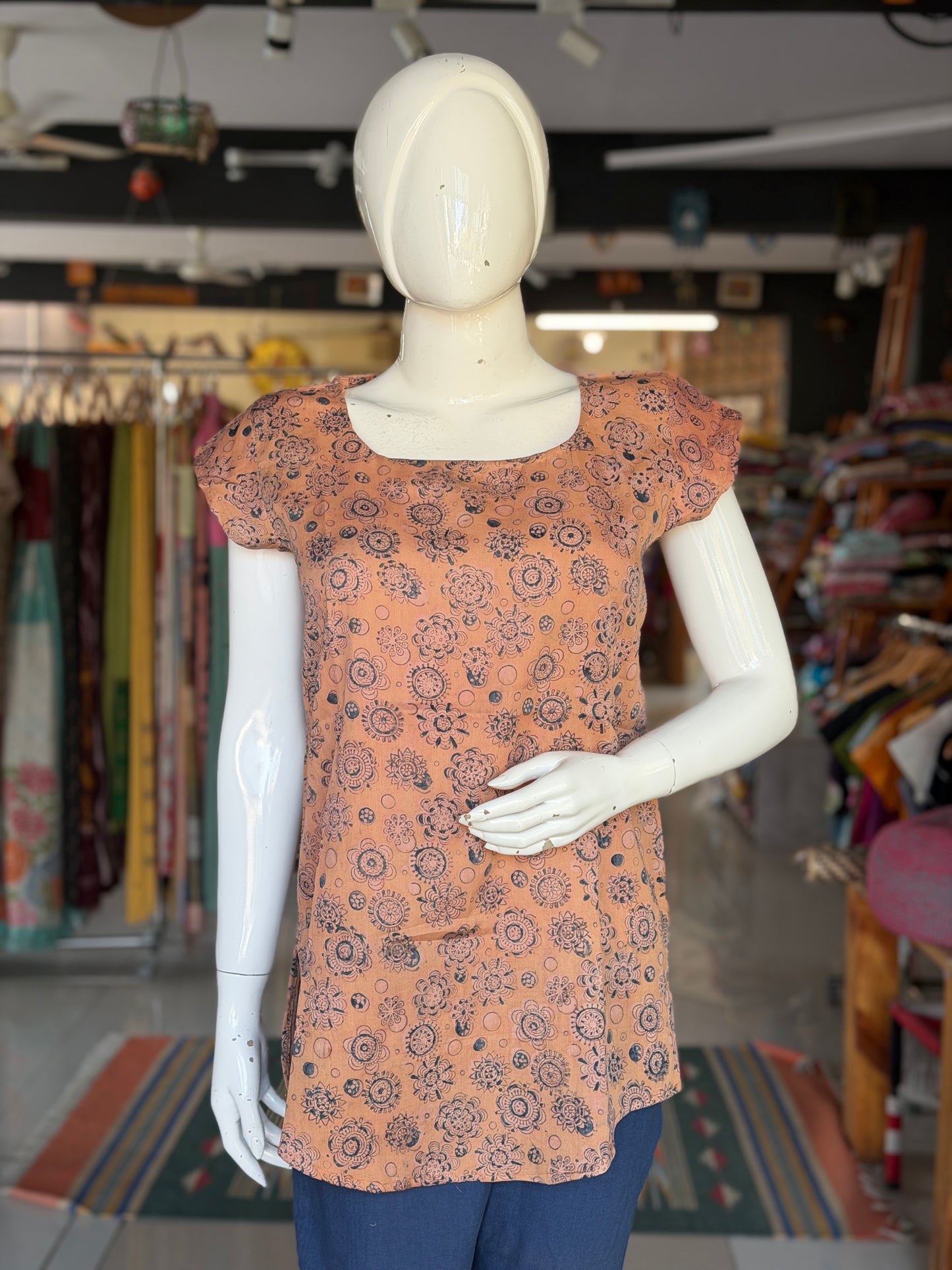 Blue flowers n circles on beige short kurti top - hand block printed, natural dyed, Kalamkari satin cotton top