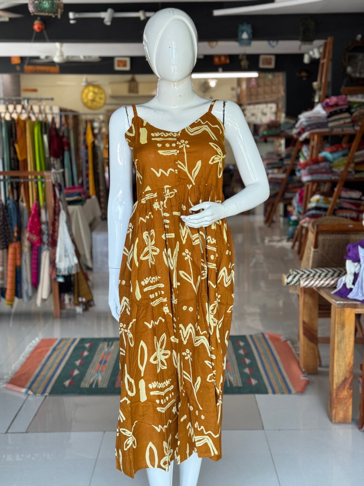 Mustard brown printed strappy cotton dress