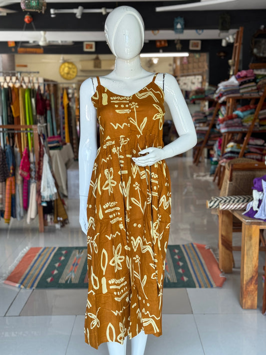 Mustard brown printed strappy cotton dress