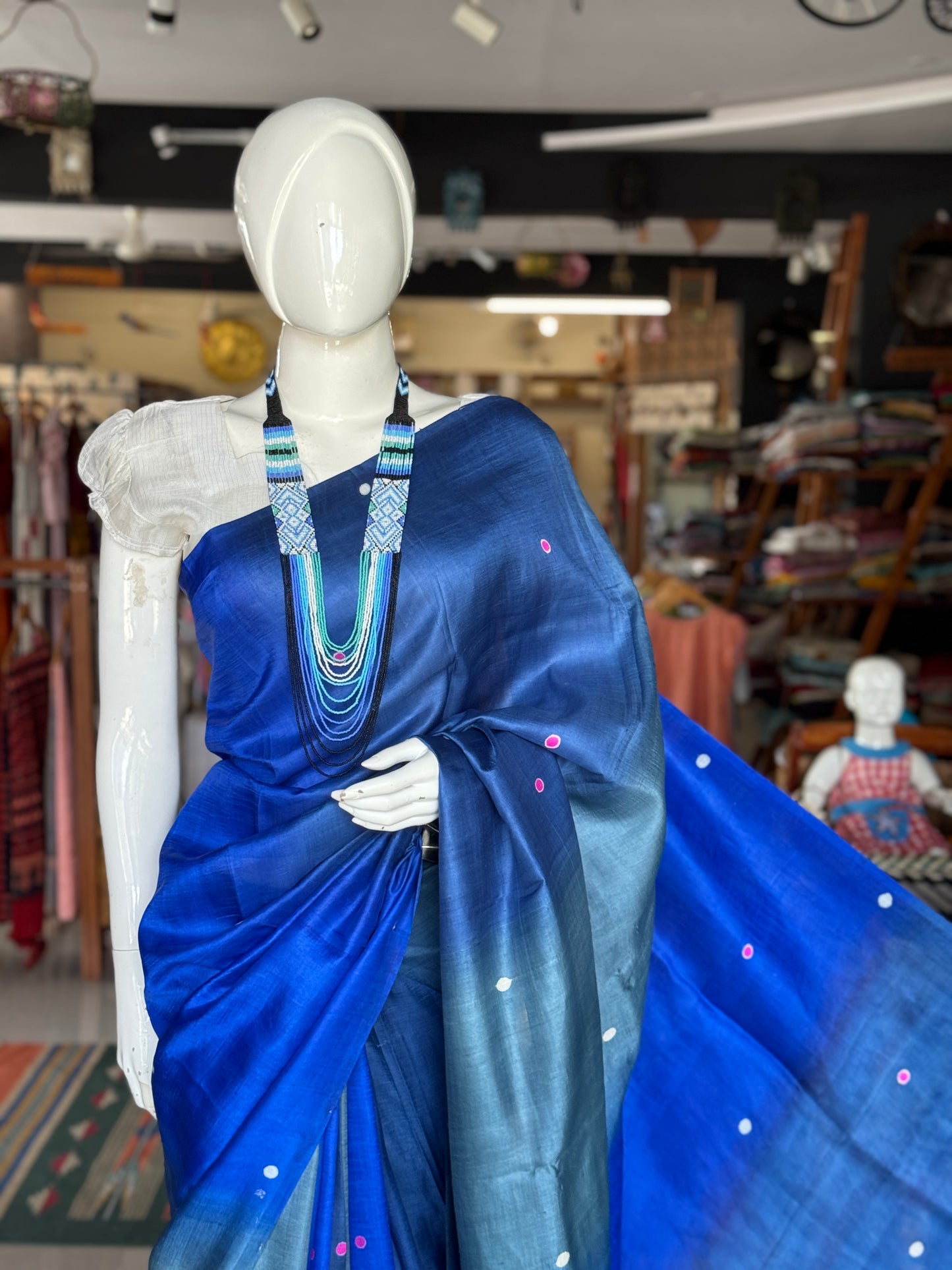 Shades of blue hand crafted pure tussar silk saree - colorful dots