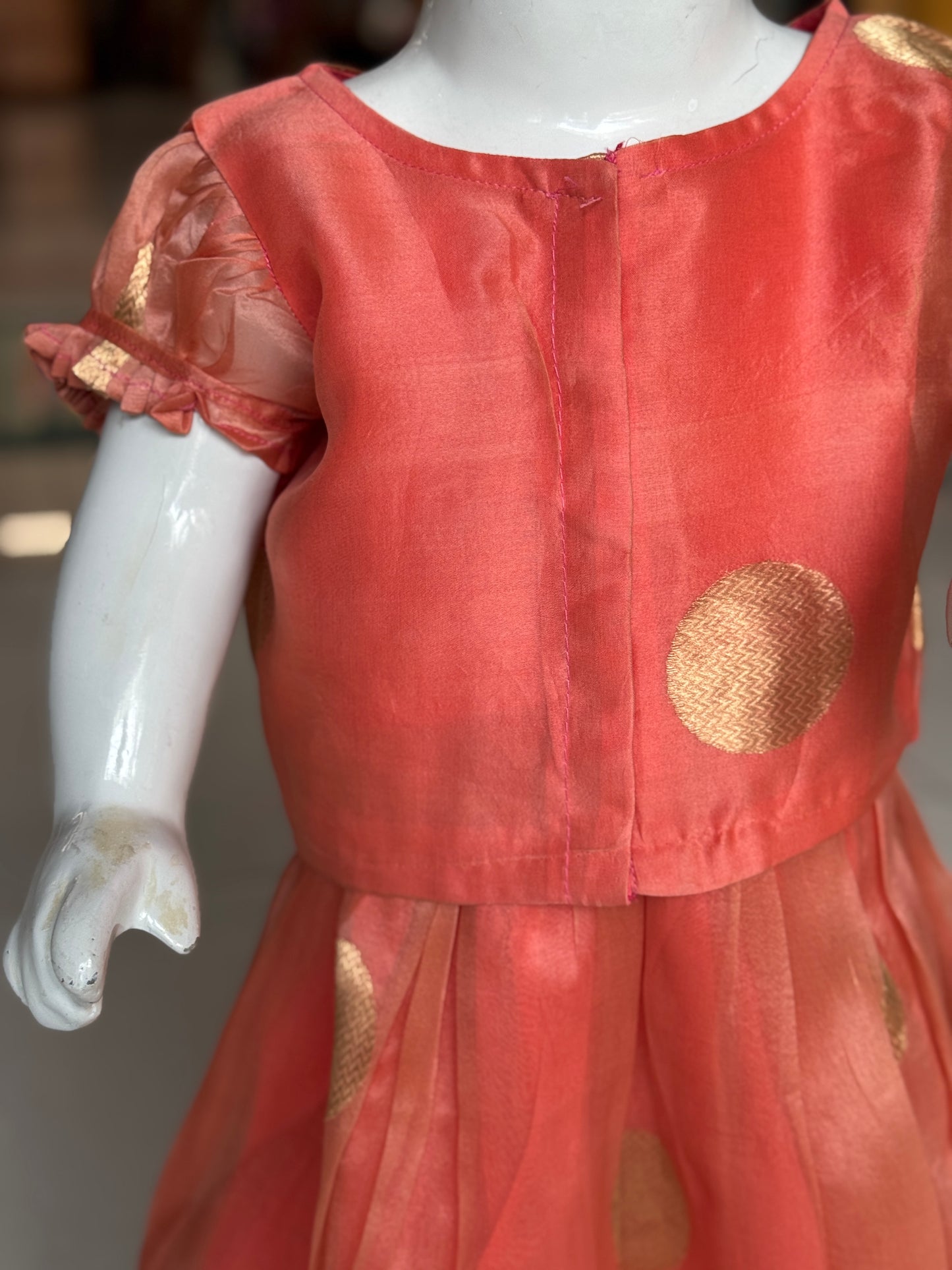 Peach organza handwoven pure silk lehenga (pattu langa jacket) blouse set