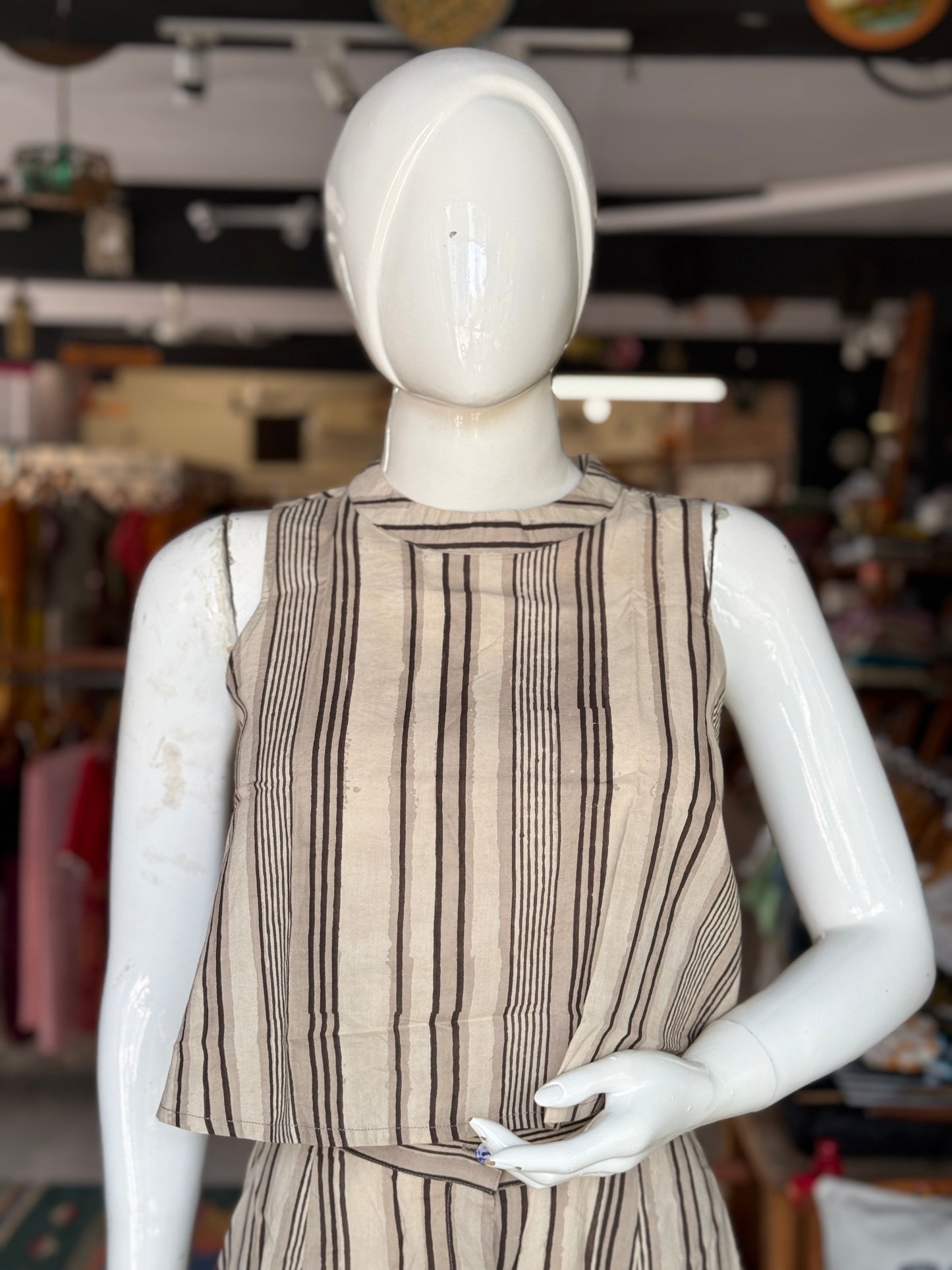 Grey stripes hand block printed cotton coord set with sleeveless crop top and skirt with front buttons detailing