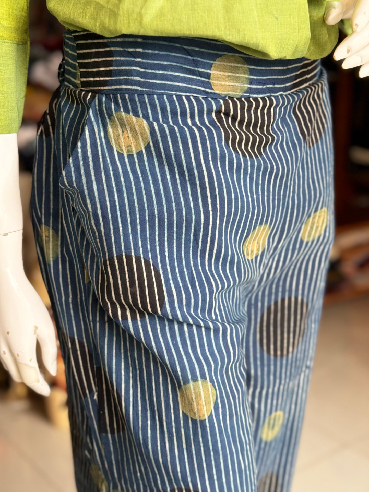 Indigo Ajrakh hand block printed cotton free sized cropped plazo pants with scallop border