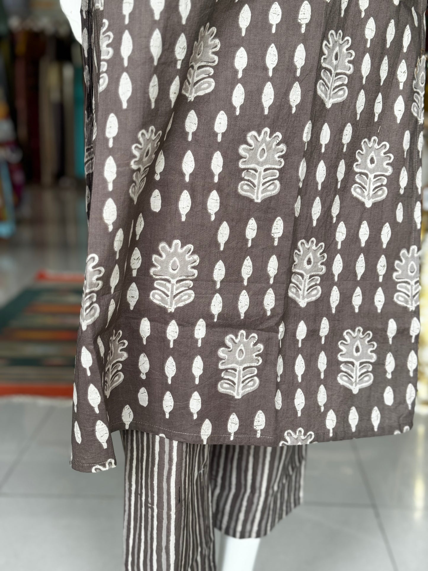 Grey cotton straight Kurti and pants 2 piece coord set