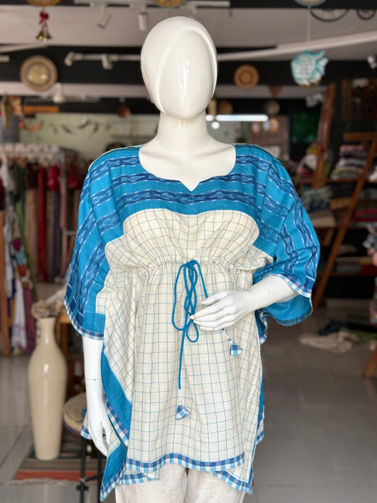 White and blue checks cotton handloom soft ikat kaftan top with draw string at waist