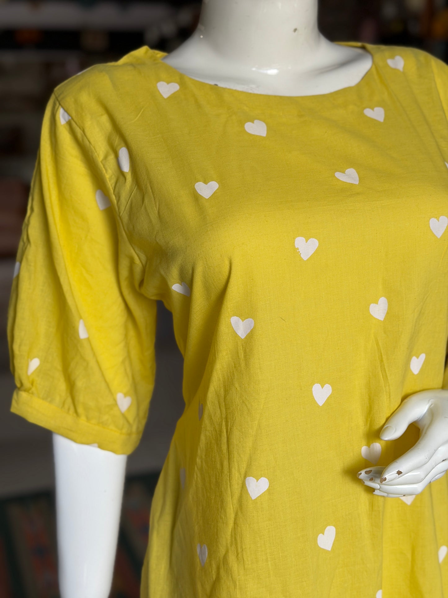 Yellow hearts print cotton kurti paired with a matching stripes print barrel pants - 2 piece set