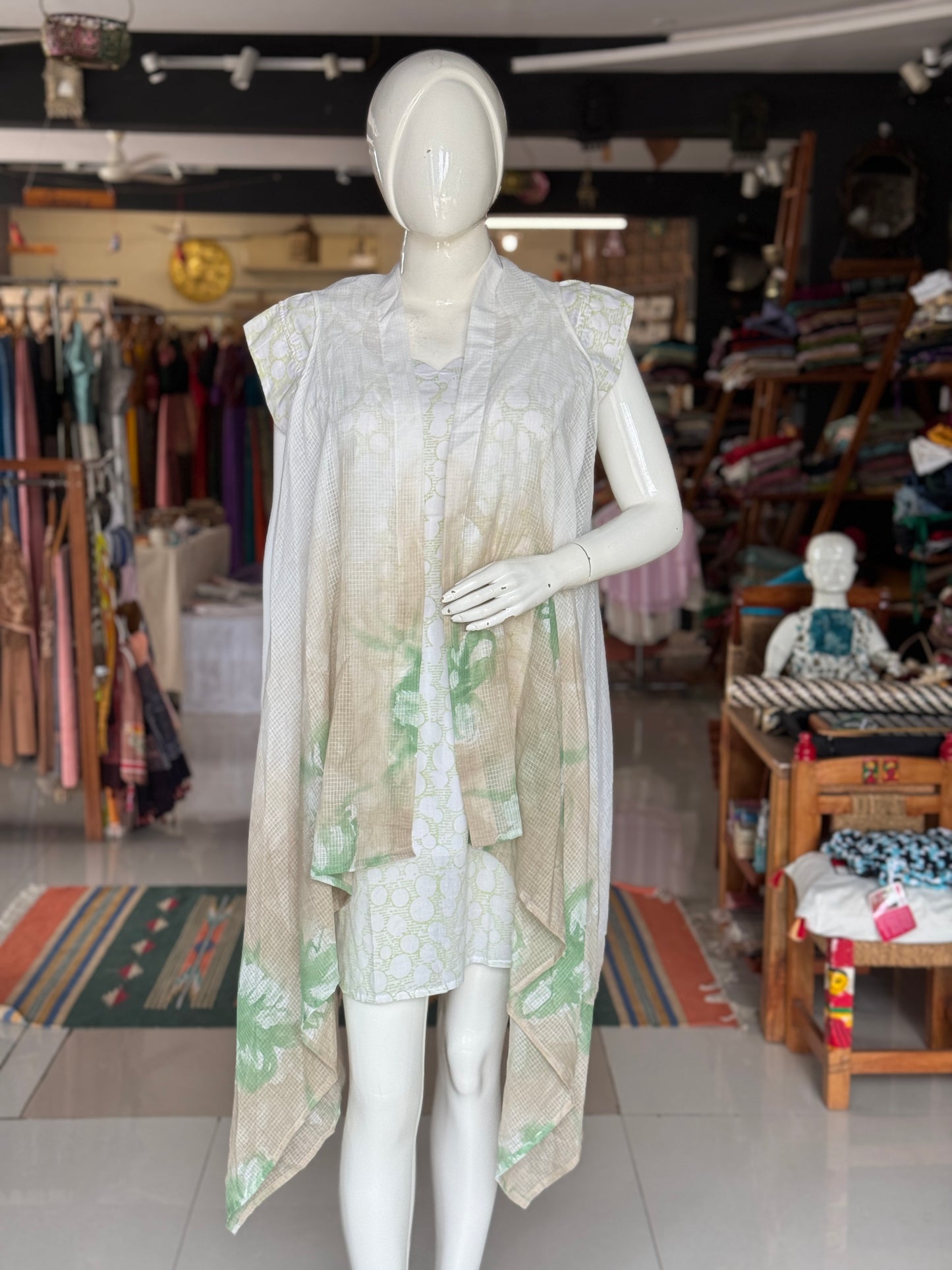 White and green flowers handpainted kota cotton shrug without sleeves