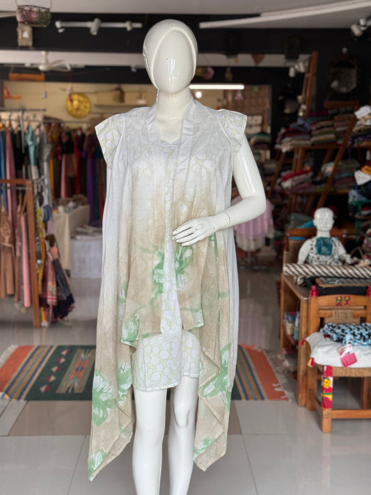 White and green flowers handpainted kota cotton shrug without sleeves