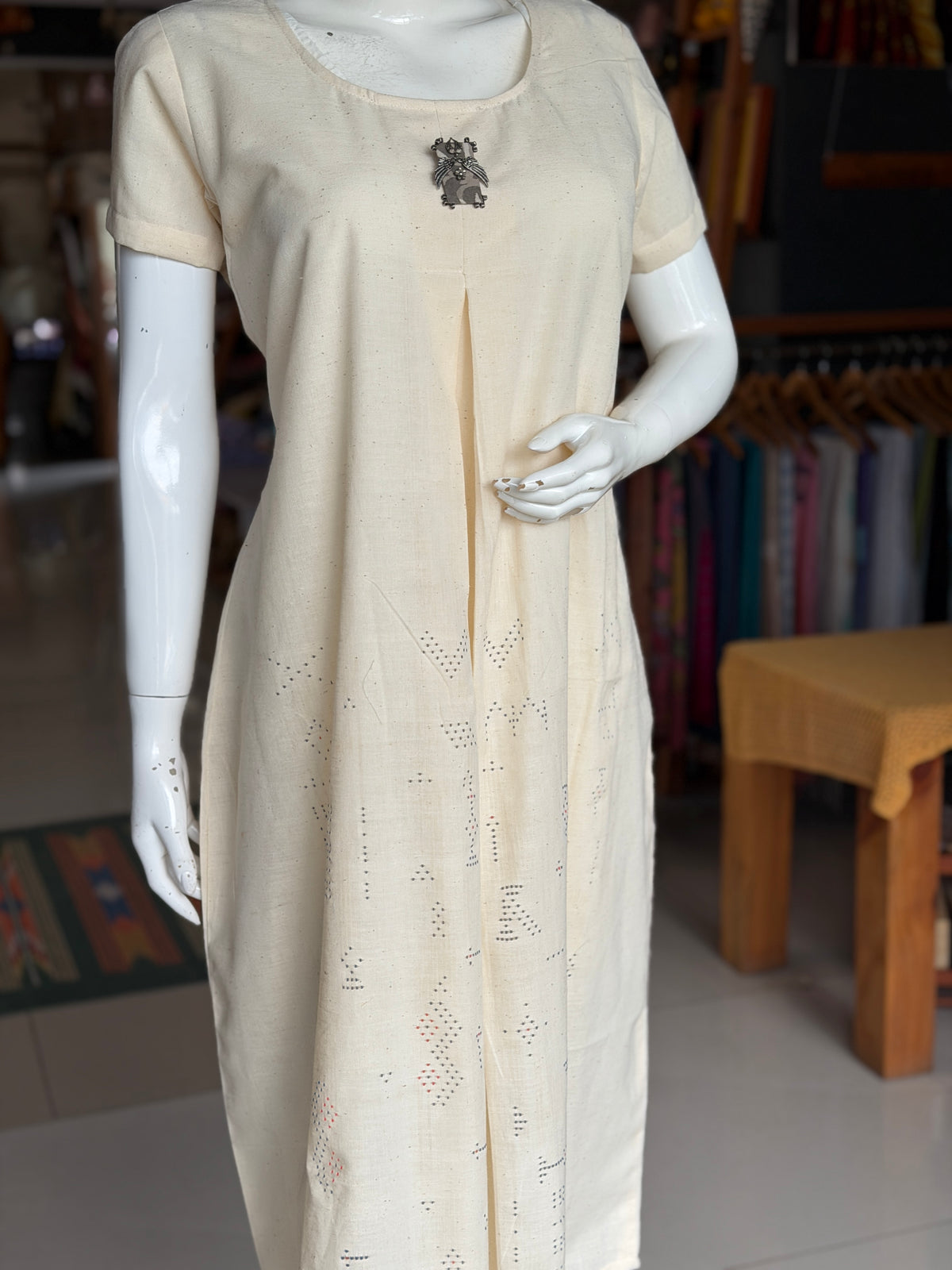 Off white Tangaliya front box pleated handwoven kala cotton x fine cotton a-line kurti / dress