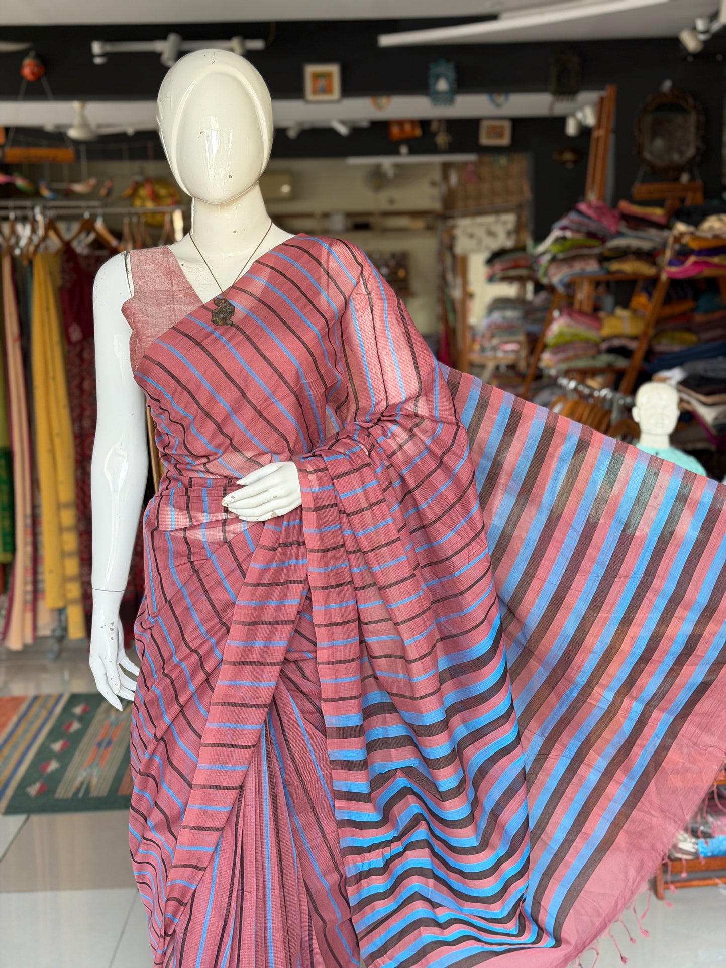 Wine Mangalagiri handloom cotton saree with blue vertical stripes