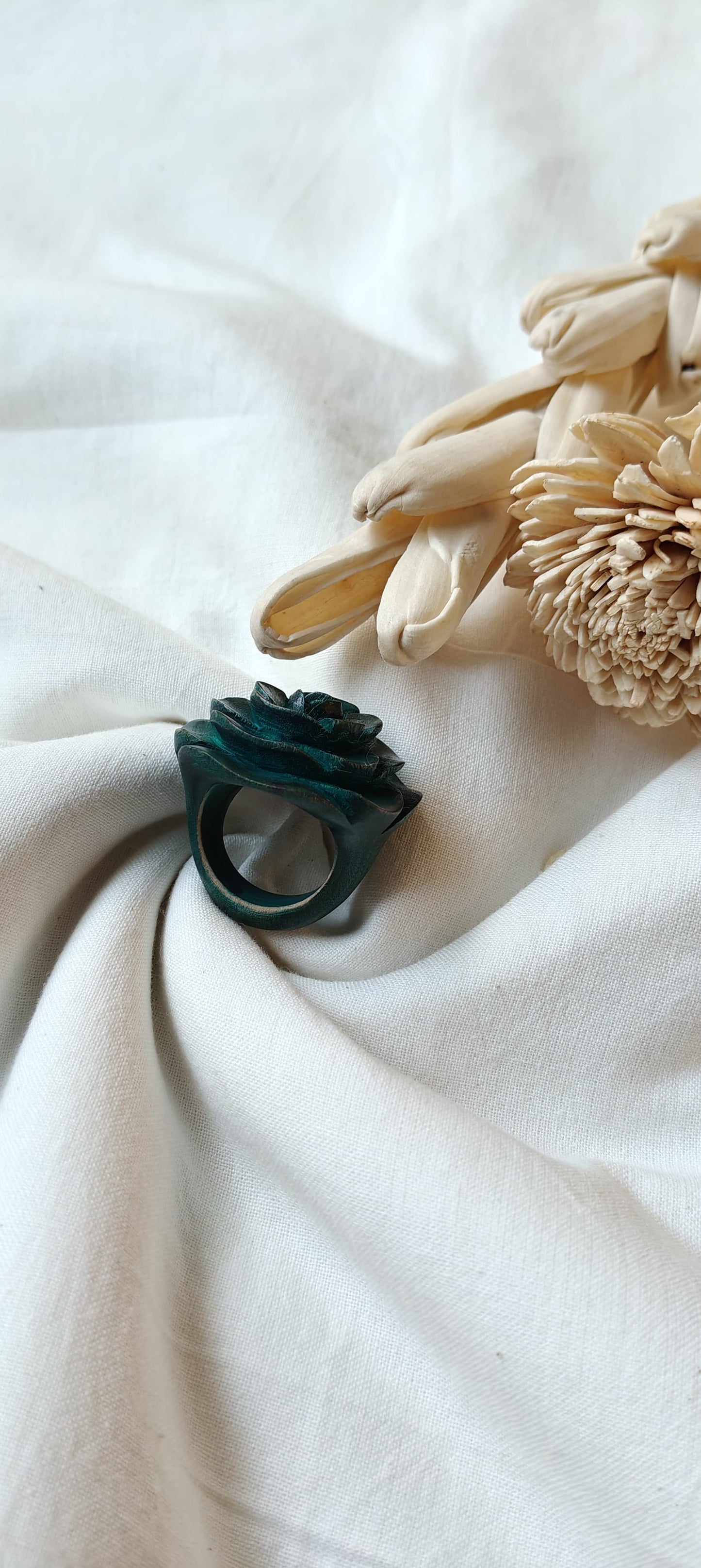 Rose hand carved finger ring in yellow wood - color options available